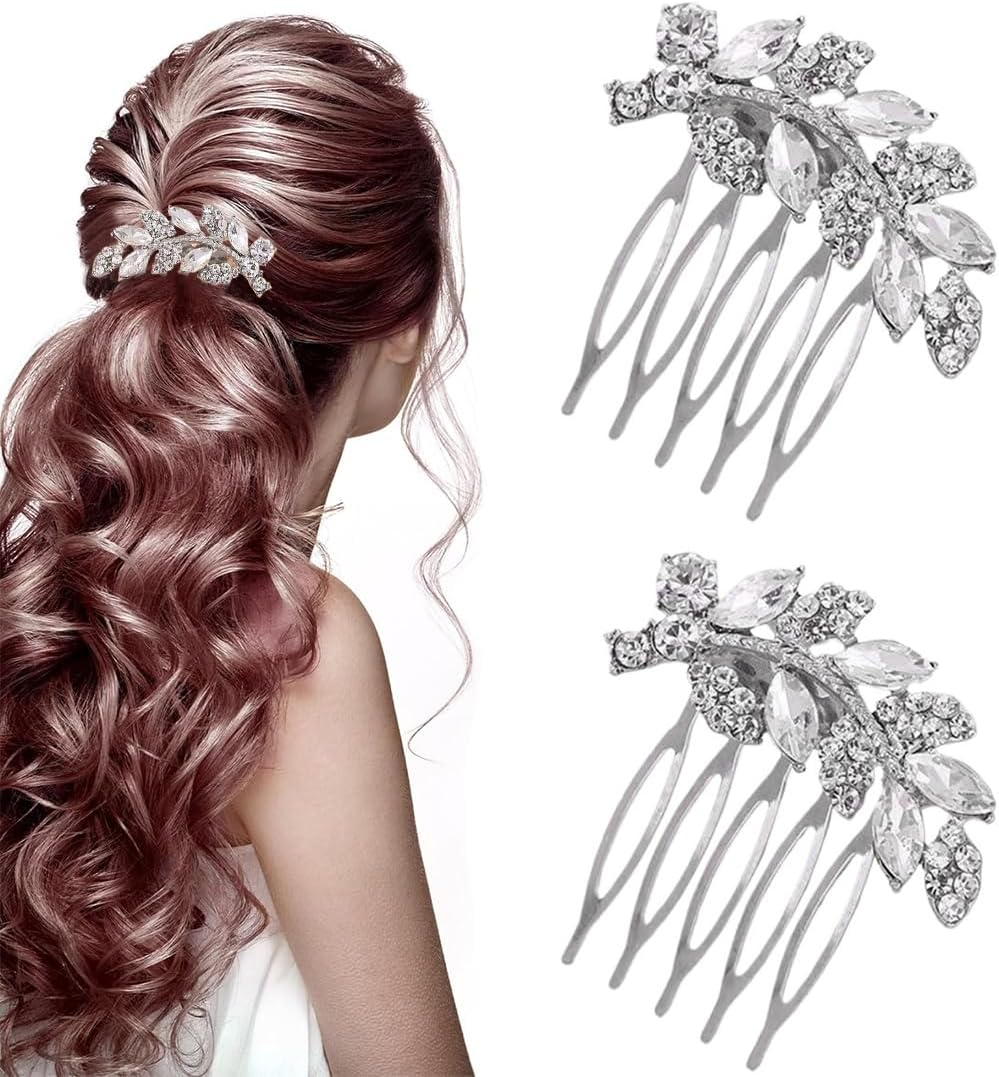 IBXWMNG 2 Piece Bridal Hair Comb Set, High Quality Crystal Hair Accessories, Silver Bridal Hairpieces with Sparkling Crystal Trim, Perfect Addition for the Wedding Hairstyle of Women and Girls image number 2