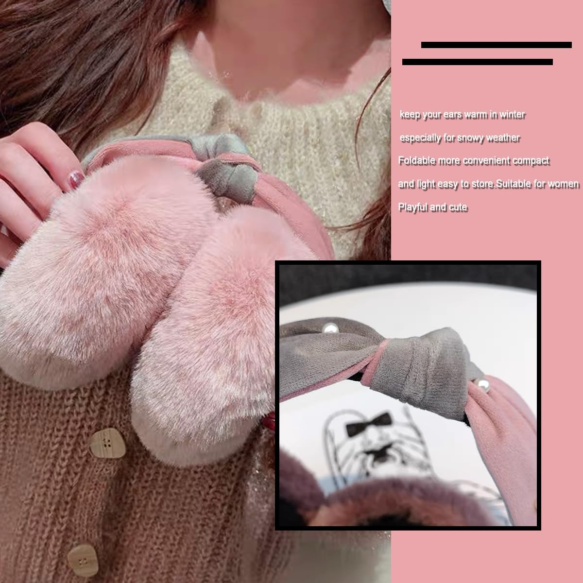 Winter Earmuff,Keep Ear Warm,Folding Warm Pearl Ear Muffs, Fluffy Earmuffs for Girls Women Outdoor (Black) image number 1