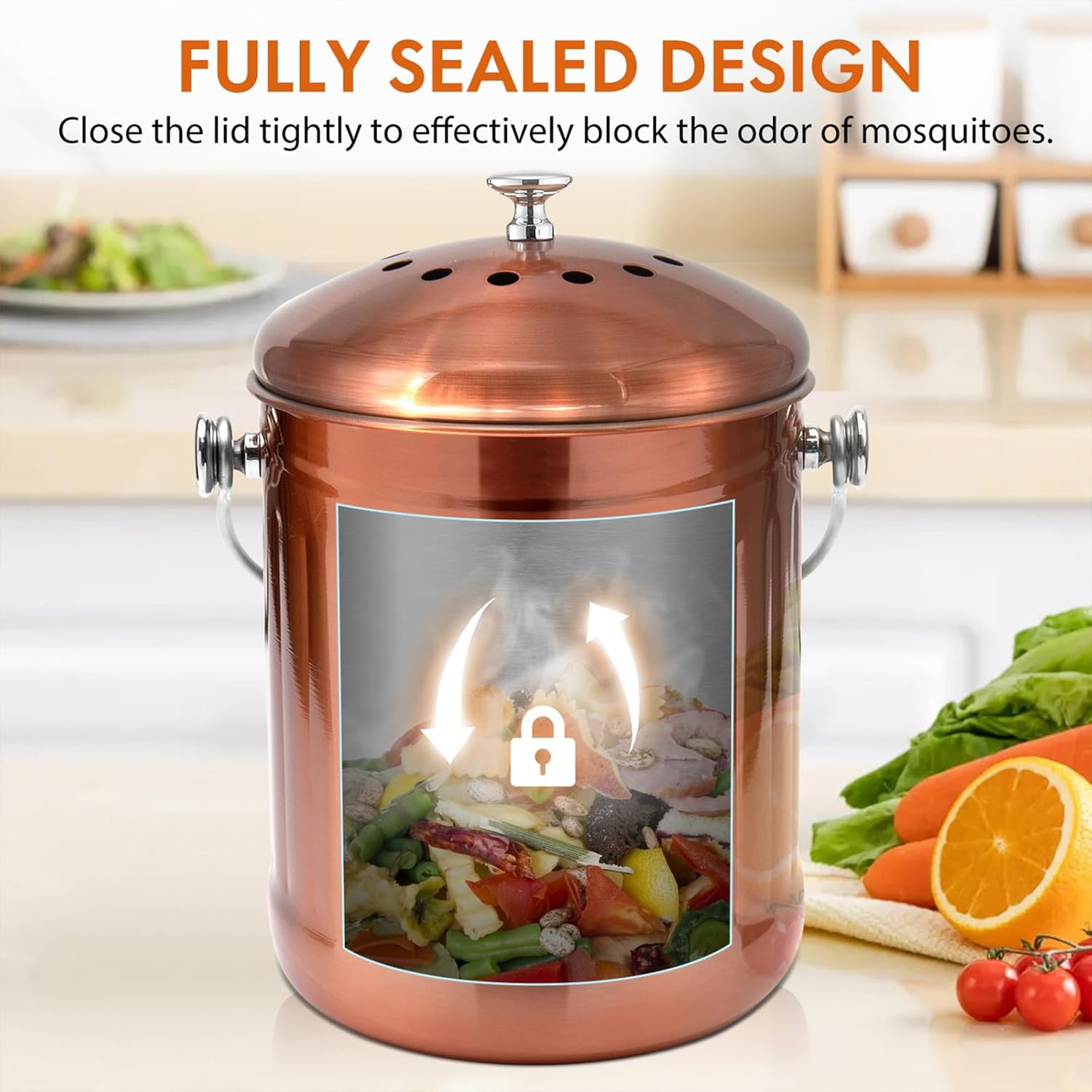 ENLOY Compost Bin for Kitchen Countertop, 1.3 Gallon Matte Copper Stainless Steel Compost Bucket with Lid, Odorless Food Waste Bucket with 2 Charcoal Filters, Indoor Compost Pail with SOFT-GRIP Handle image number 5