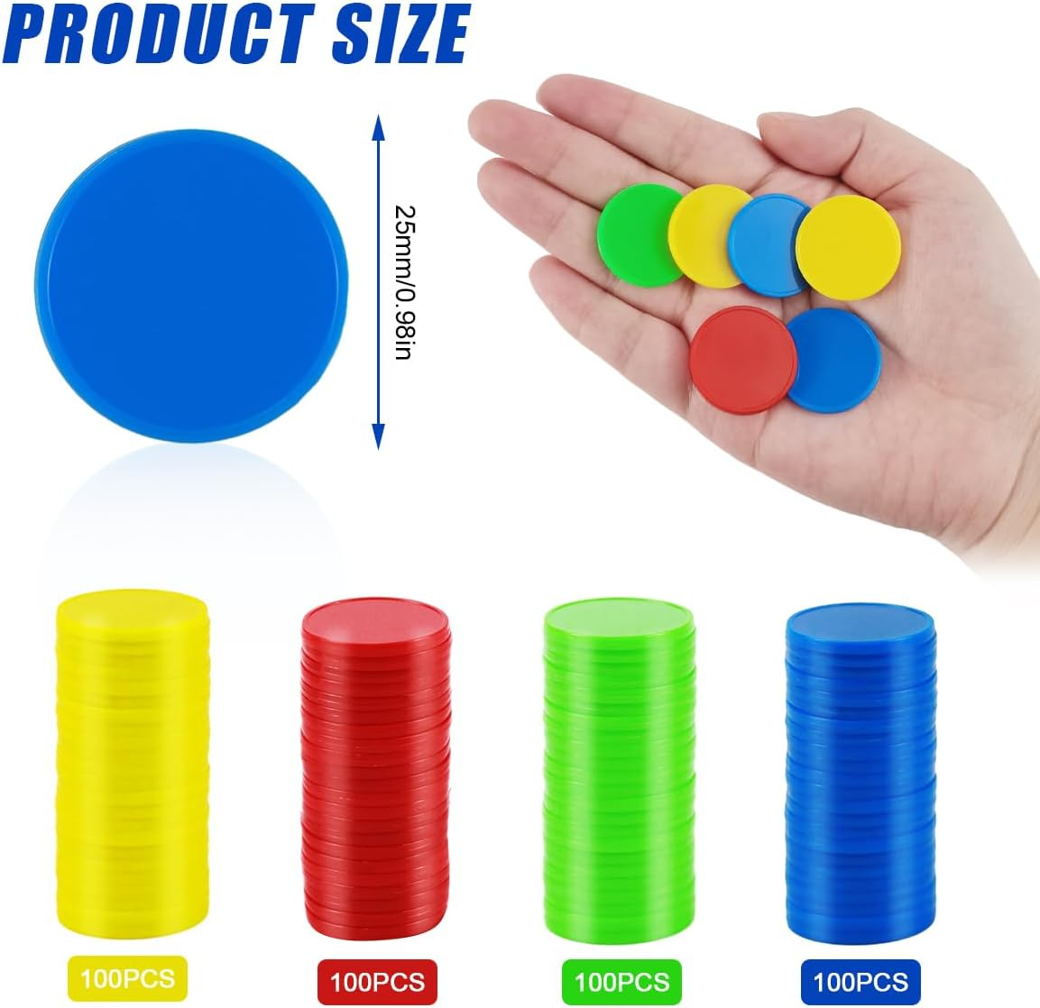 400 Pieces Plastic Poker Chips, 4 Colours 0.98 Inch Counting Chips for Children Game Math Counting Bingo Game Blank Plastic Counter for Children Reward image number 4