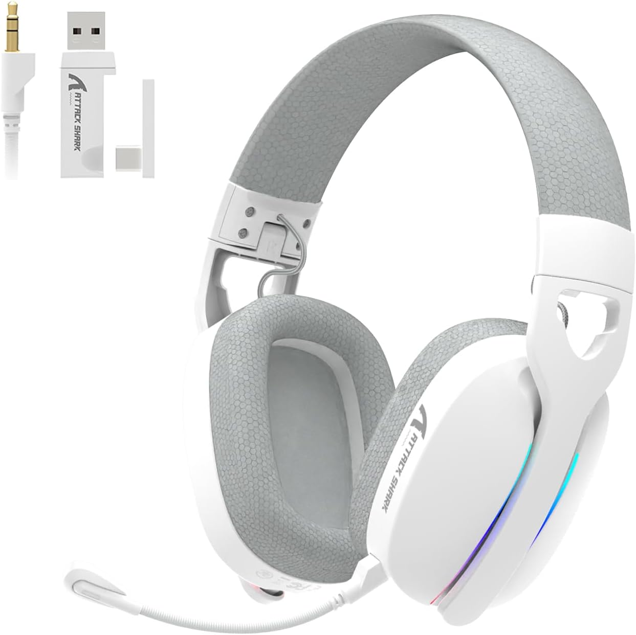 MAMBASNAKE X Attack Shark L90 Flodable Ultra-Light Wireless Gaming Headset, 7.1 Surround Sound, Bt5.3/2.4Ghz/Wired, RGB, 40Mm Neodymium Drivers,Pluggable Microphone, for Pc/Ps4/Ps5/Switch-White image number 6