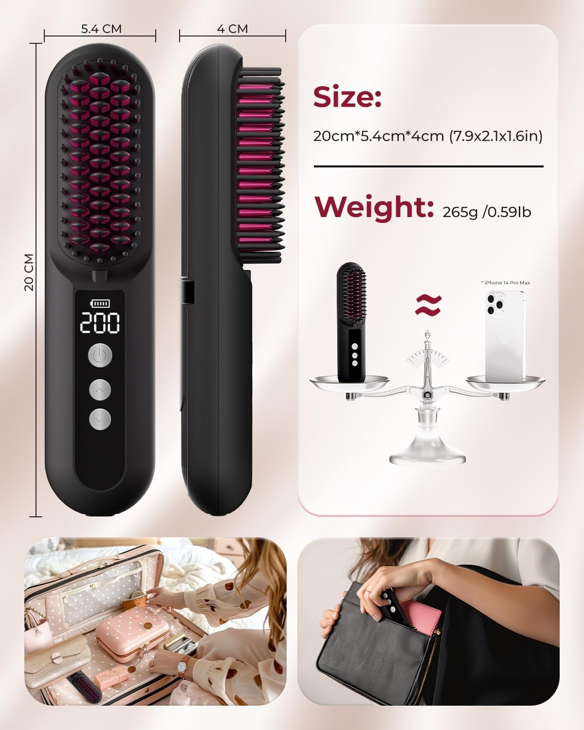 CARER SPARK Wireless Straightening Brush, Portable Mini Hair Brush for Travel with Millions of Negative Ions, Ultra-Long Working Time of 80 Minutes, 9 Temperature Levels, 150&deg;C - 230&deg;C image number 4