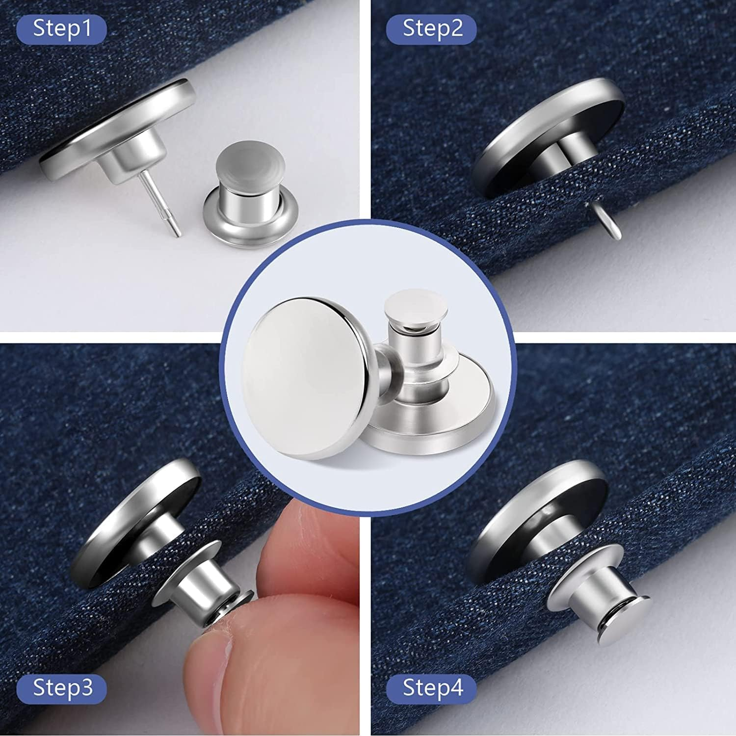 12 Sets Instant Replacement Snap Buttons for Jeans &ndash; No Sew & No Tools Metal Adjustable Pants Button Tightener, Reusable Jean Buttons for Loose Denim Repair (Glossy Silver-12Pcs) - Lettering Silver-12Pcs image number 4