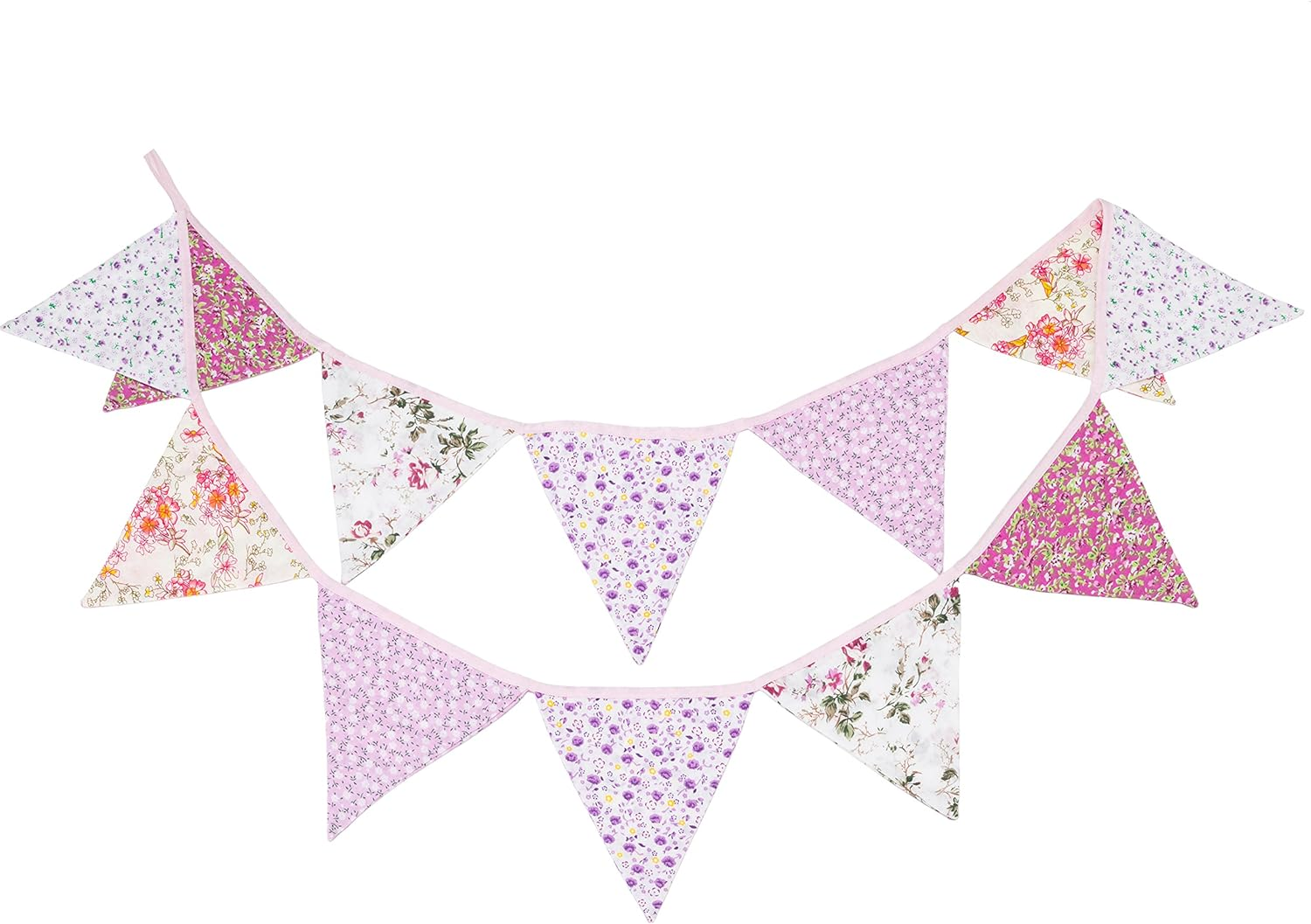LOVENJOY Pink Floral 100% Cotton Bunting Banner for Girls Shabby Chic Wedding Birthday Decoration image number 3