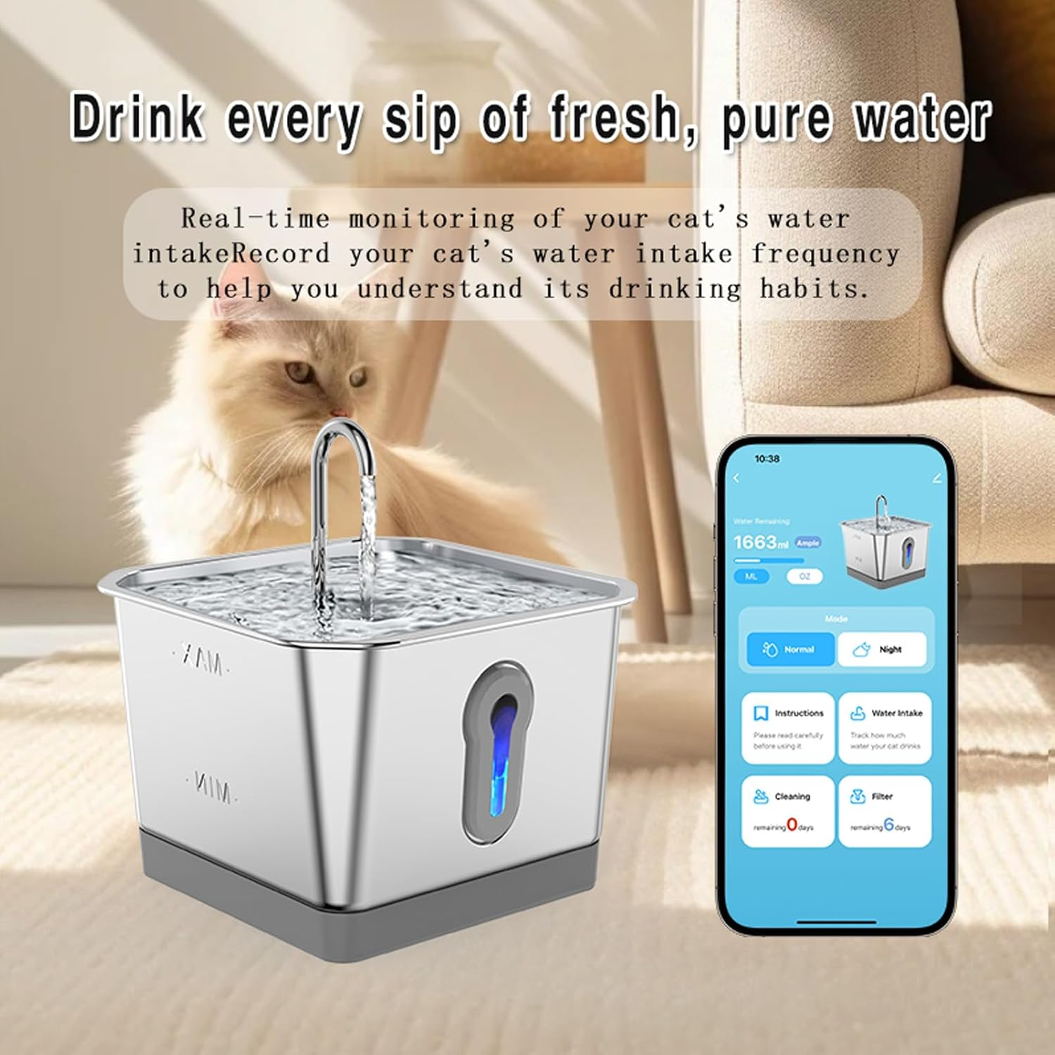 Bewinner Smart Cat Water Fountain Cordless - 3.5L Stainless Steel Automatic Pet Fountain with Activated Carbon & App Alert image number 5
