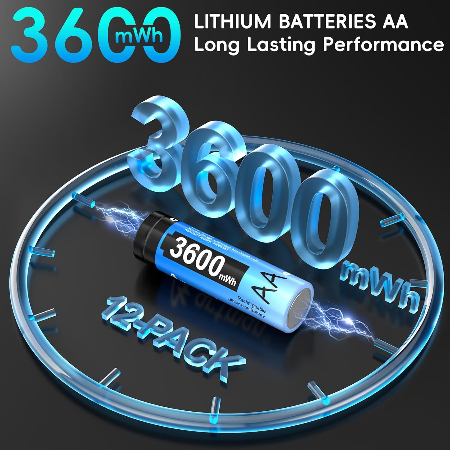 Artman Rechargeable Lithium AA Batteries 12 Pack with 12-Slot Charger, 3600Mwh 1.5V High Power AA Lithium Batteries for Blink Outdoor Camera, Rechargeable Double a Battery with 2000+ Cycles (Black) image number 6