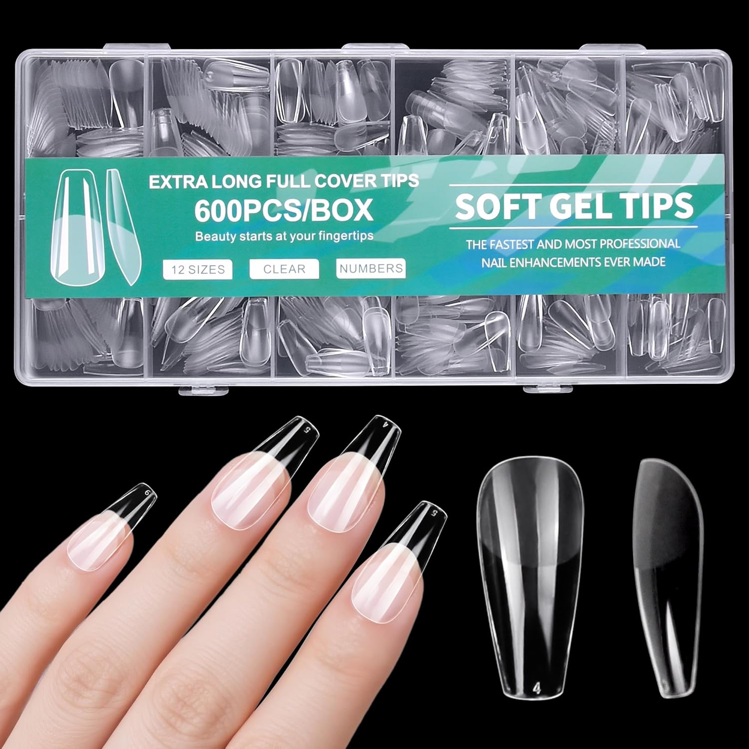 600 Clear American Nail Tips - 12 Sizes - Natural X Gel False Nails for Home, Salon & DIY Manicure (600 Pieces)