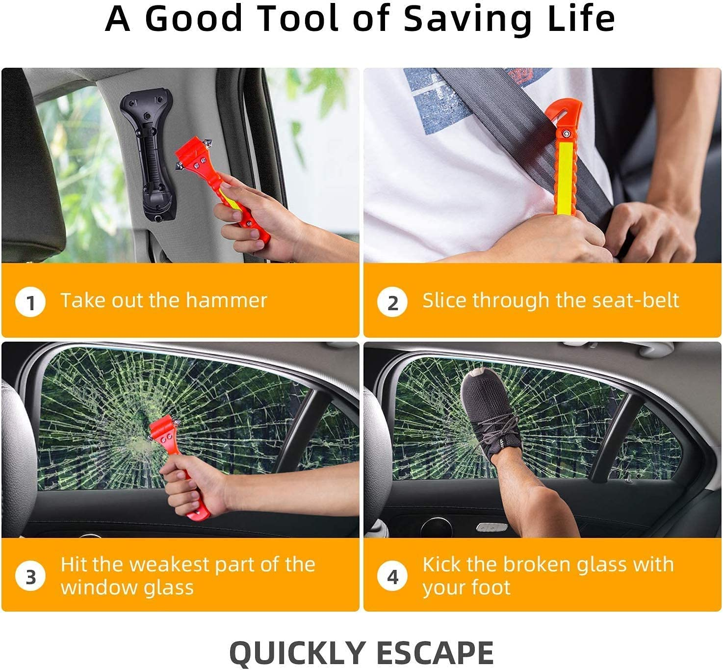 KAPASKI Safety Hammer, 2 Pack Car Emergency Escape Tool Car Window Breaker and Seat Belt Cutter with Light Reflective Tape for Family Car Life Saving Survival Kit image number 6