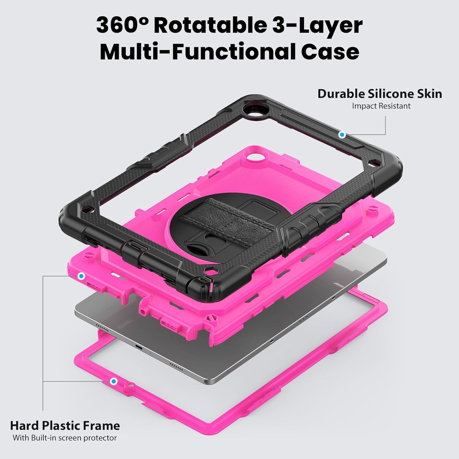 Herize Case for Samsung Galaxy Tab A9+ 11 Inch with Screen Protector | Tab A9 plus SM-X210/X215/X216 Cover for Kids | Shockproof Rugged Protective Case W/Stand Hand Strap Shoulder Strap Rosered image number 4