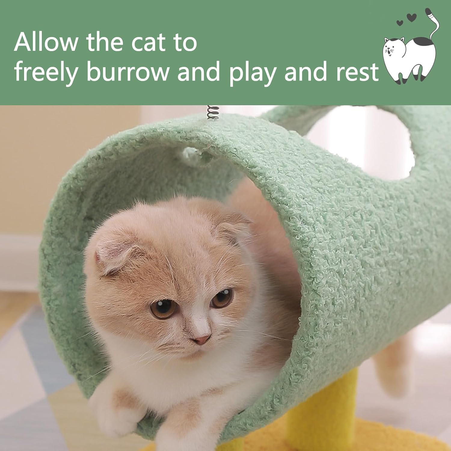 Cute Cat Tree, Cat Scratching Post with Tunnel, 28In Cat Climbing Tower, Handcrafted Sisal Cat Tree for Indoor Cats Kittens Green