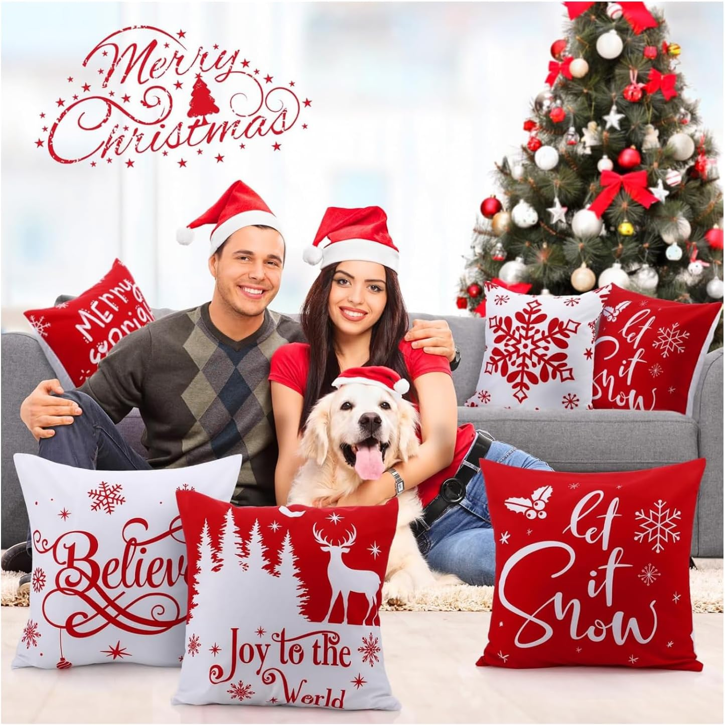 Christmas Cushion Covers 18X18 Inch, 4 Pack Pillow Covers Christmas Tree Snowflake Reindeer Santa Claus Linen Throw Pillow Cases for Home Decor, Bedroom, Sofa Christmas Decor New - A image number 7