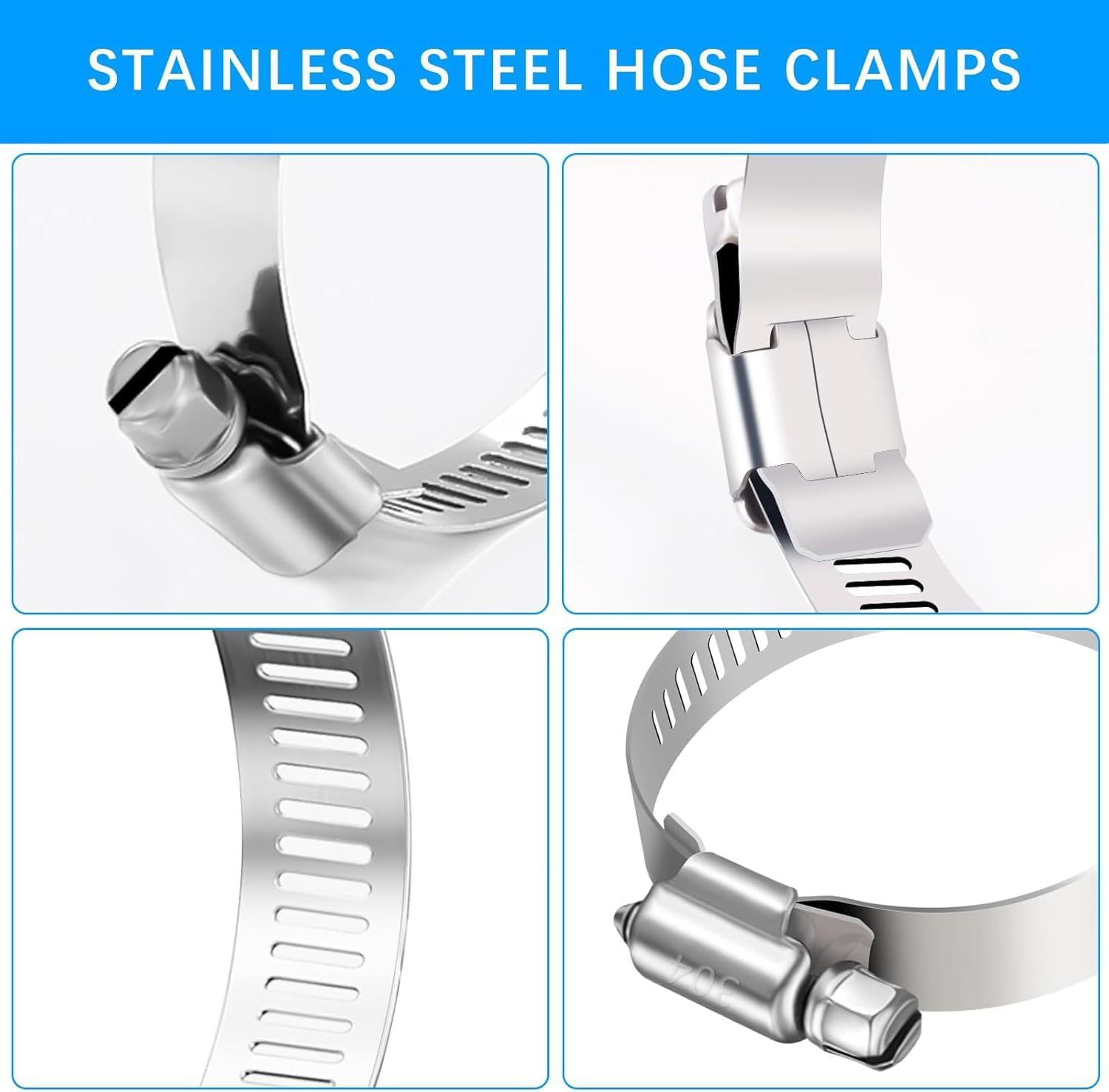 304 Stainless Steel Hose Clamp Assortment Kit, 1/4" to 1-1/2" (6-38Mm) Adjustable Worm Gear Clamps for Plumbing, Automotive, Marine, HVAC & Diy,Rust-Resistant Pipe Clamps for Home & Garden(50-Piece) image number 4