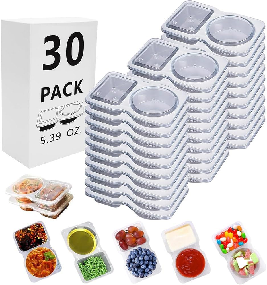 Kushucun Reusable Snack Containers 30 Pack, 2 Compartment 4.5 Oz Leak-Proof Snack Pack Container with Lids, Double Portable Condiment Sauce Containers for Travel, To-Go Sauce & Sampling (30) image number 3