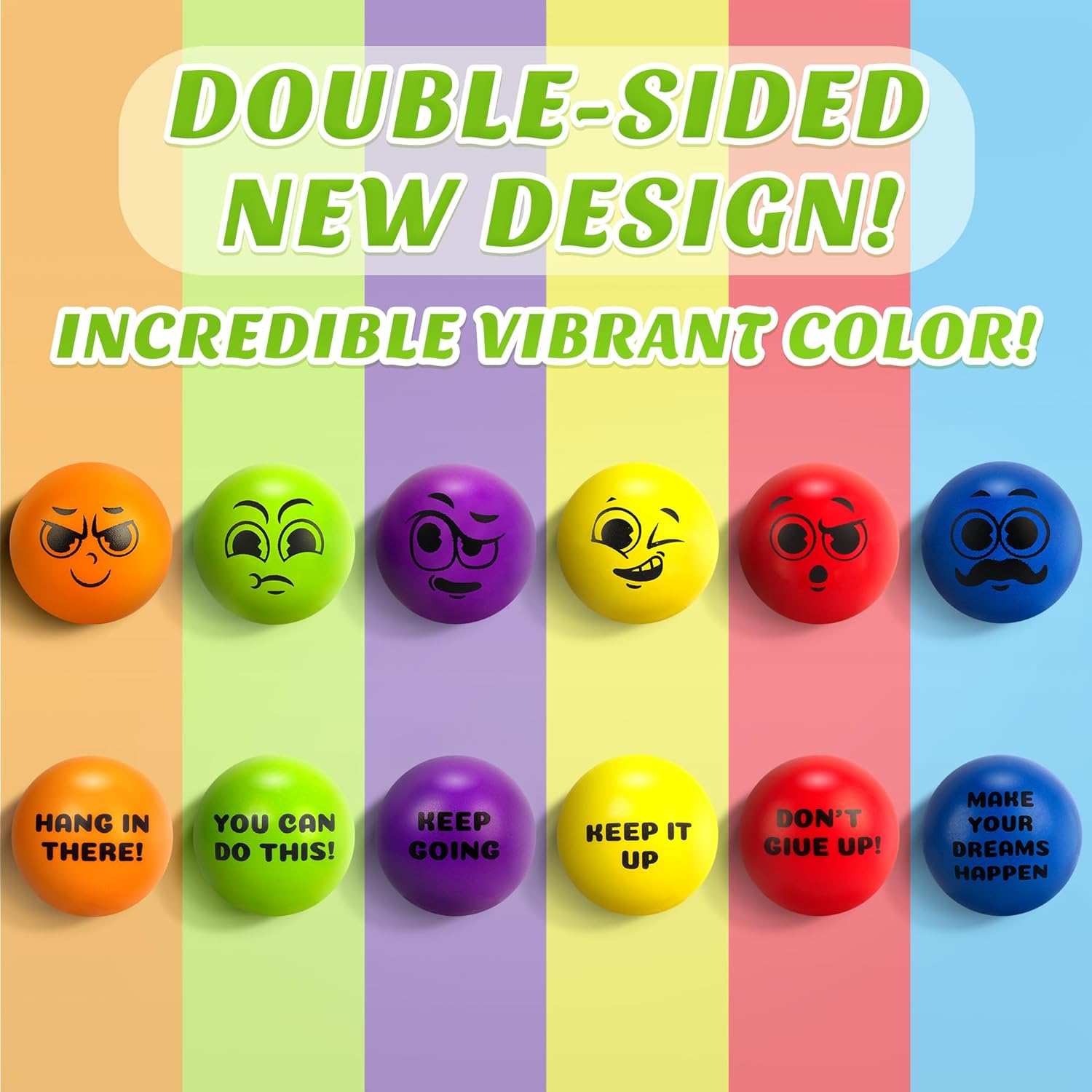 6Pcs Motivational Stress Balls for 3+ Kids and Adults, Inspirational Stress Relief Balls Hand Exercise Therapy Ball Set, Double Sided Colorful Foam Stress Ball with Positive Quotes and Smiles image number 1