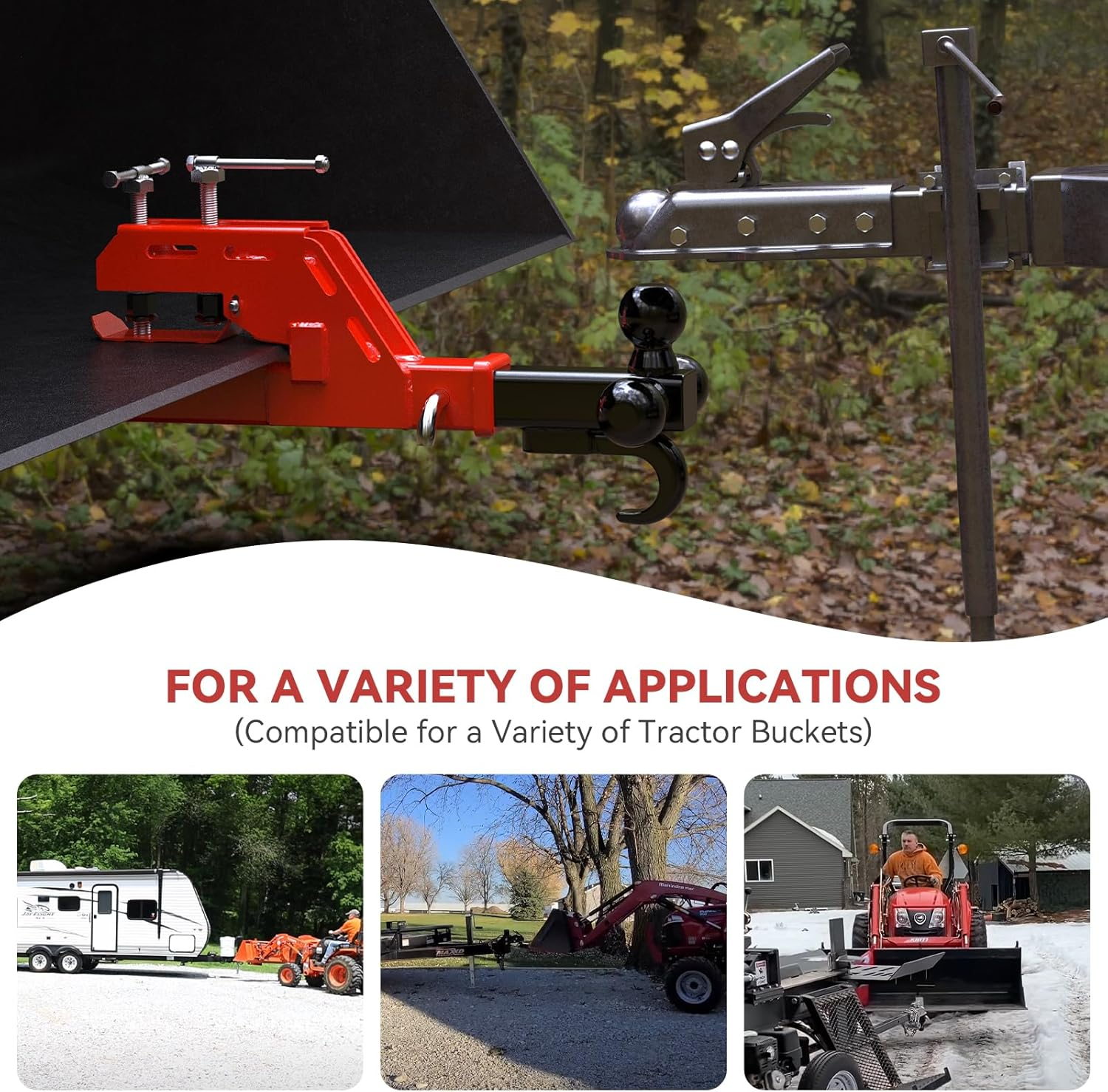 New Upgraded Tractor Clamp on Trailer Hitch 2" Receiver, Non-Slip Trailer Adapter Mount for Kubota, Deere, Bobcat, Bucket Trailer Hitch Attachment (Red) - Black image number 3