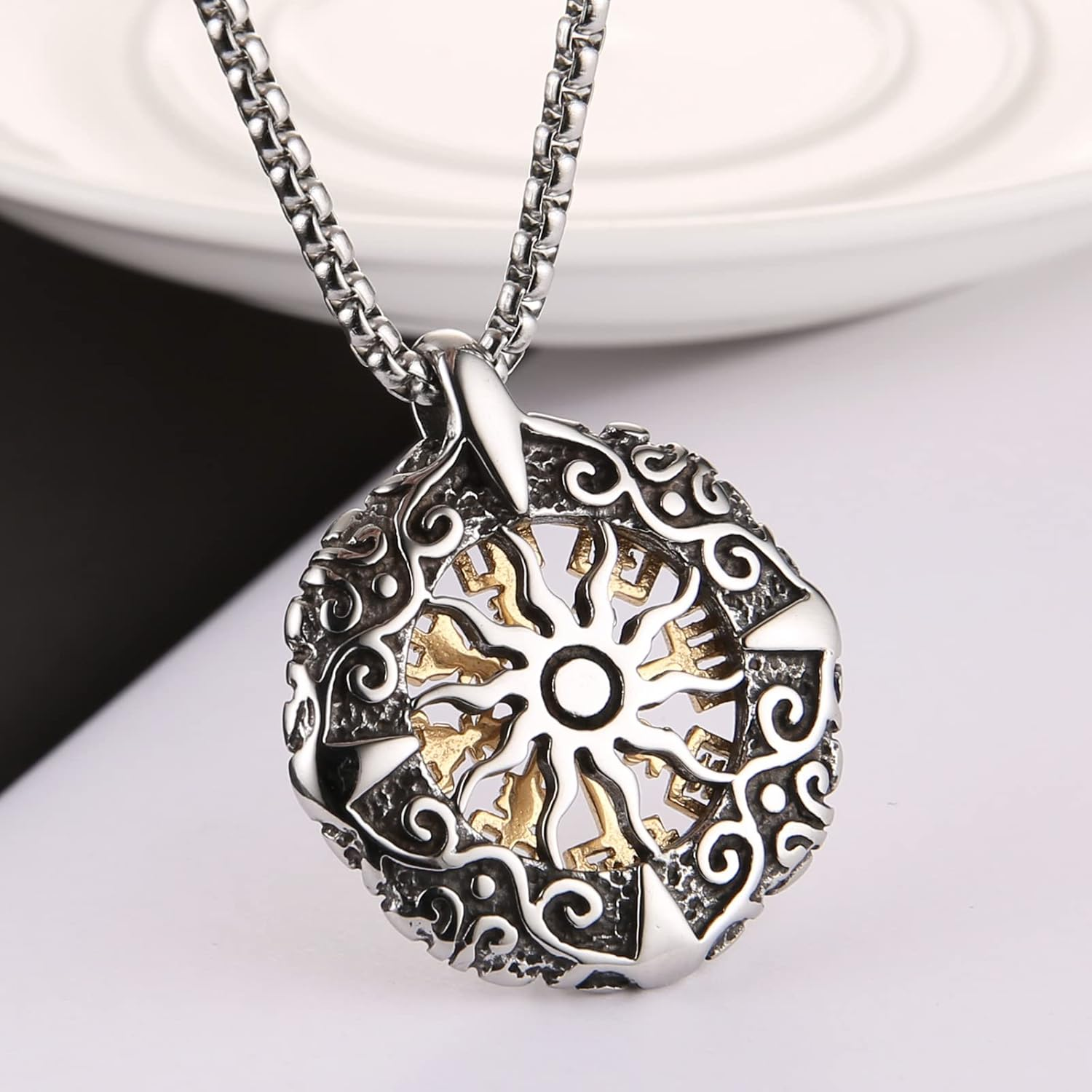 HZMAN Viking Vegvisir Norse Compass Stainless Steel Necklace Double-Sided Hollow Engraving Sun Totem Pendant Norse Amulet Jewelry - Silver Gold image number 3