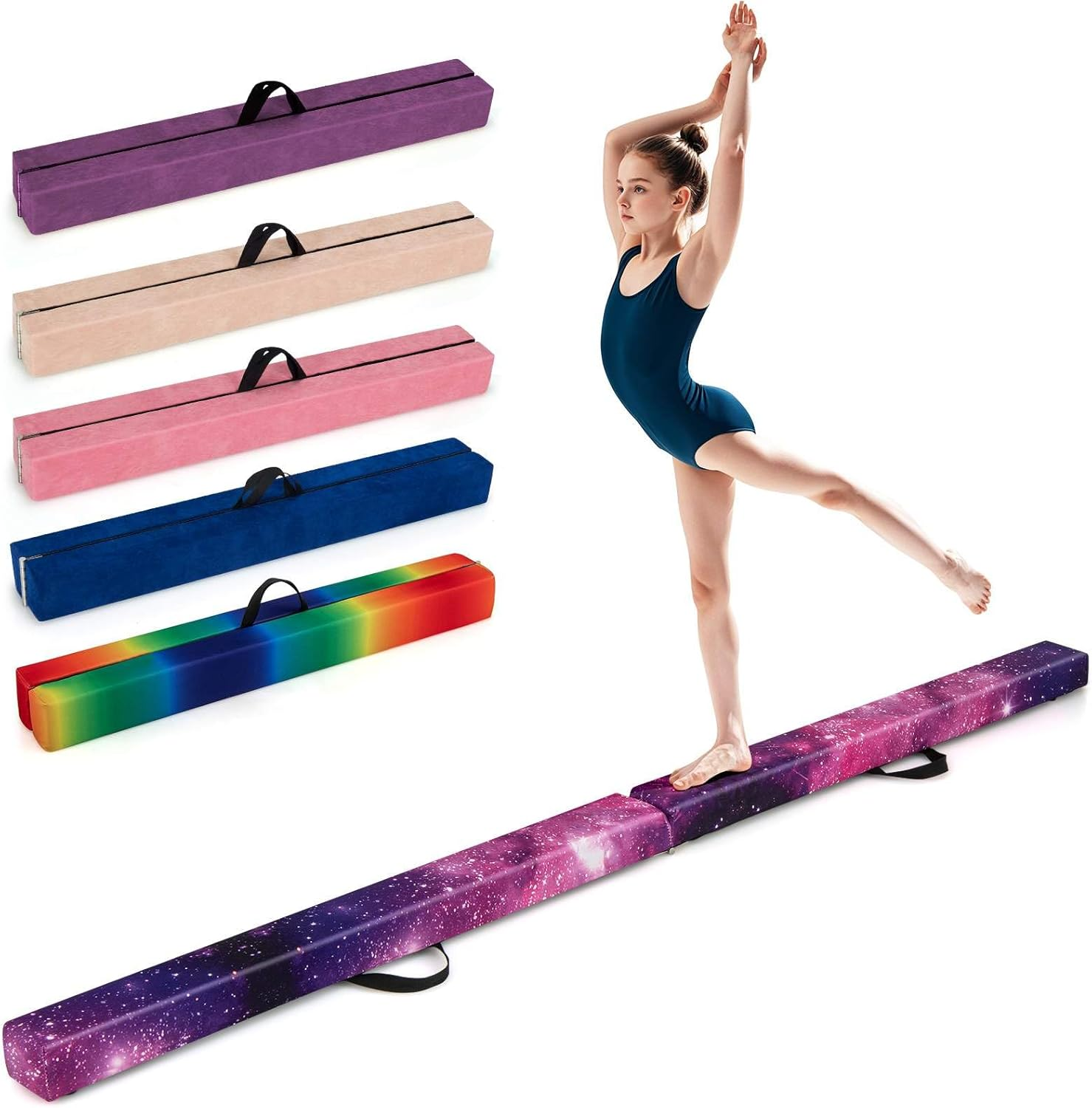 Costway Folding Balance Beam, Portable Gymnastic Beam W/Solid Wood Base & Anti-Slip Bottom, Extra Firm Floor Gymnastics Equipment W/Carry Handle for Professional Home Training