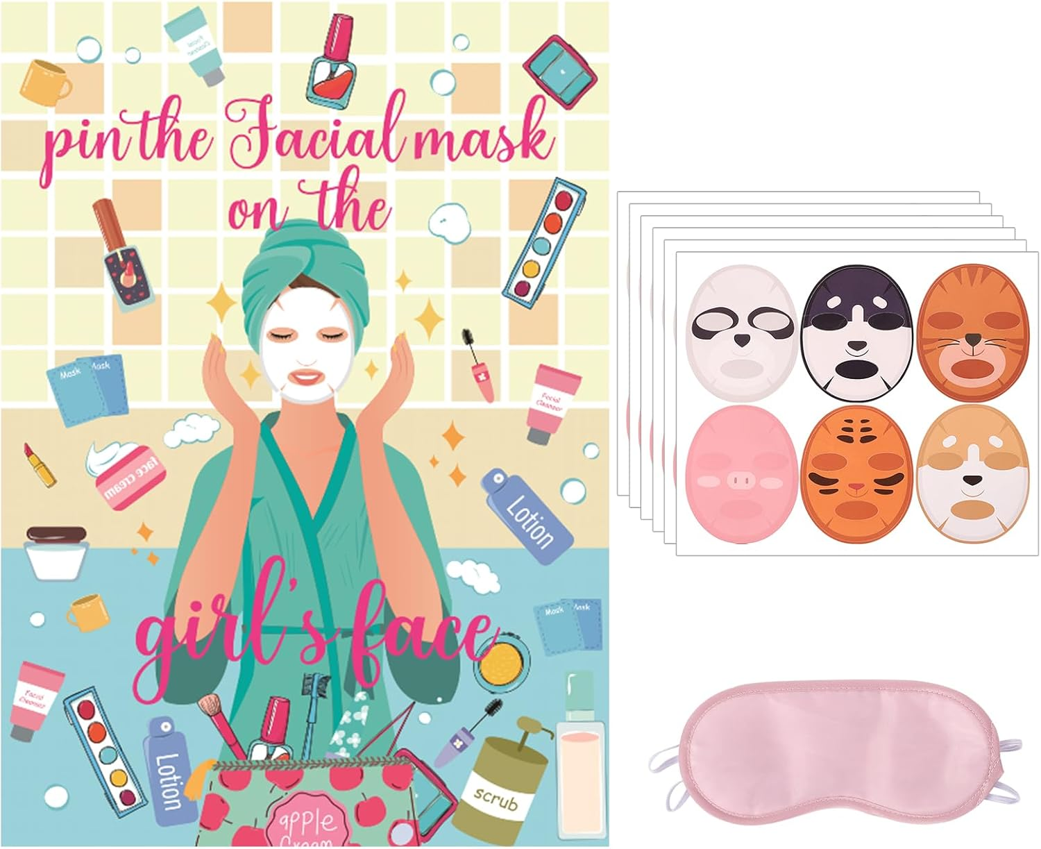 38Pcs Spa Party Games, Pin the Facial Mask on the Girl'S Face with 36 Pcs Spa Party Poster Sticker for Kids and Blindfold Spa Birthday Party Supplies Makeup Party Decorations