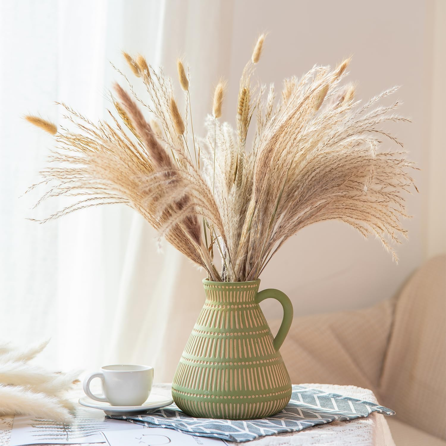 Green Ceramic Boho Vase, Distressed Farmhouse D&eacute;cor, Pottery Decorative Flower Vase for Home Decor, Table, Living Room Decor, Shelf Decor 6 Inches image number 1