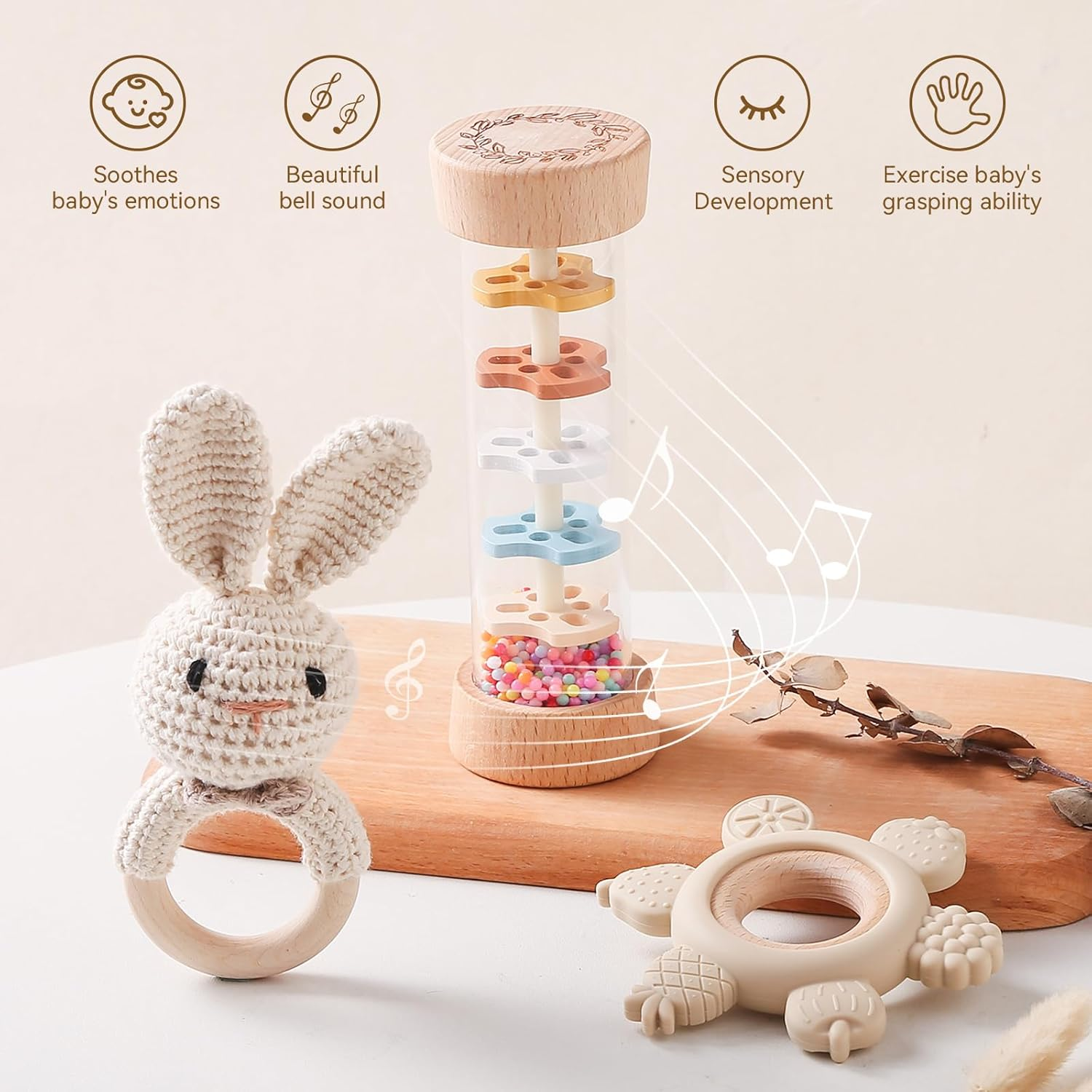 IEATFO Wooden Baby Rattle Set (3Pcs) - Crochet Rattle Rain Stick Toys, Wooden Montessori Toy for Newborn Infant Baby Rattles Set Toys 3-6-12 Months (Bunny) image number 1