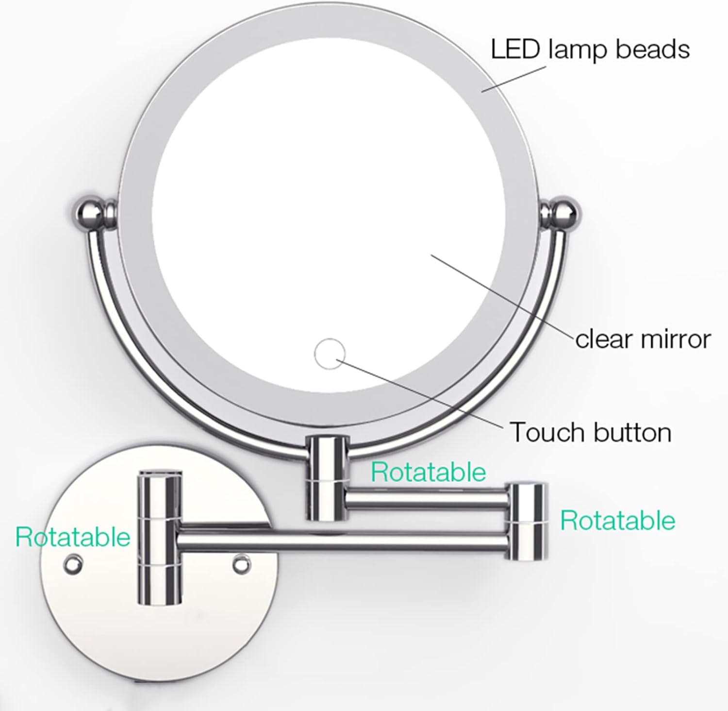 8" Wall Mounted Lighted Makeup Mirror, Stepless Dimming Hardwired Magnifying Vanity Mirror, Extendable LED Bathroom Shaving Mirror,Chrome,7X image number 2
