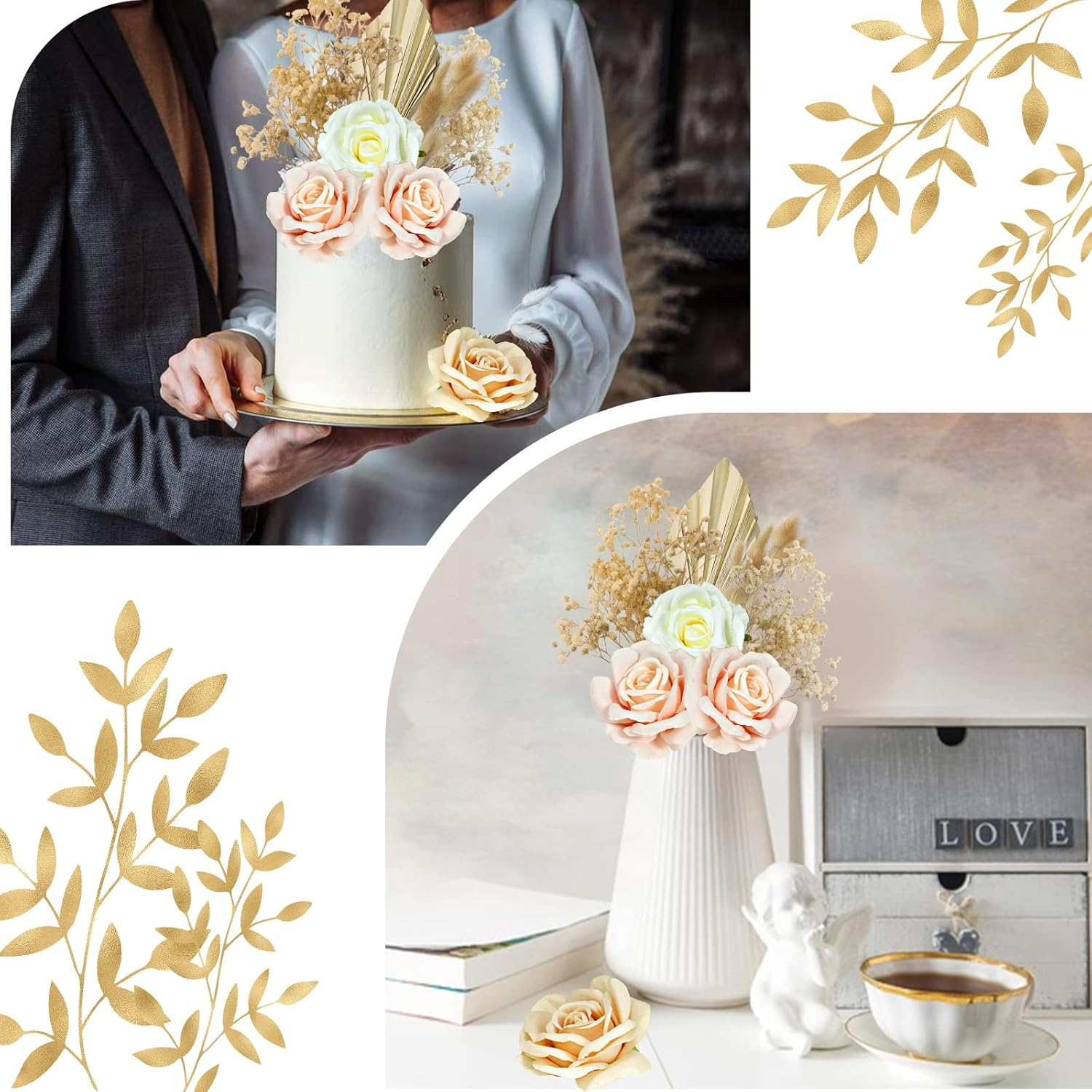 Morofme 21Pcs Boho Cake Decor - Acrylic Minimalist Art Lady Gold Face & Vintage Artificial Rose Flower Leaves for Bohemian Birthday Wedding Bridal Baby Shower image number 2
