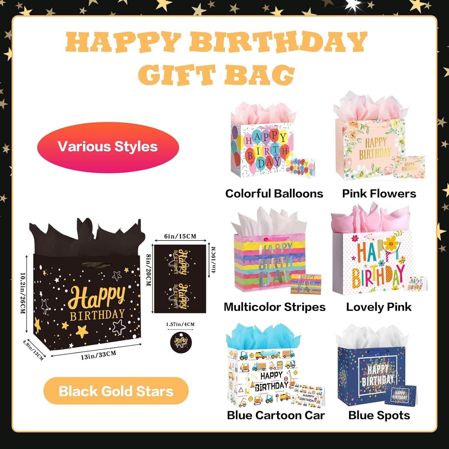 2PCS 13" Large Happy Birthday Gift Bag Set with Greeting Card, Tissue Papers, Party Favor Bag Set Supplies with Letter Gold Stars Pattern, Black Package for Men, Girls and Kid (Black Gold Stars Theme) image number 3