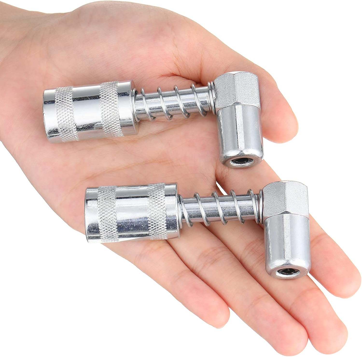 Silver 90 Degree Grease Coupler Gun Adapter 90 Degree Grease Gun Coupler Grease Gun Fittings Grease Gun Tips 3 Jaw Angle Swivel Snap Right Fitting Tool for Farm Truck Auto Industrial Use(2 Pieces) image number 3