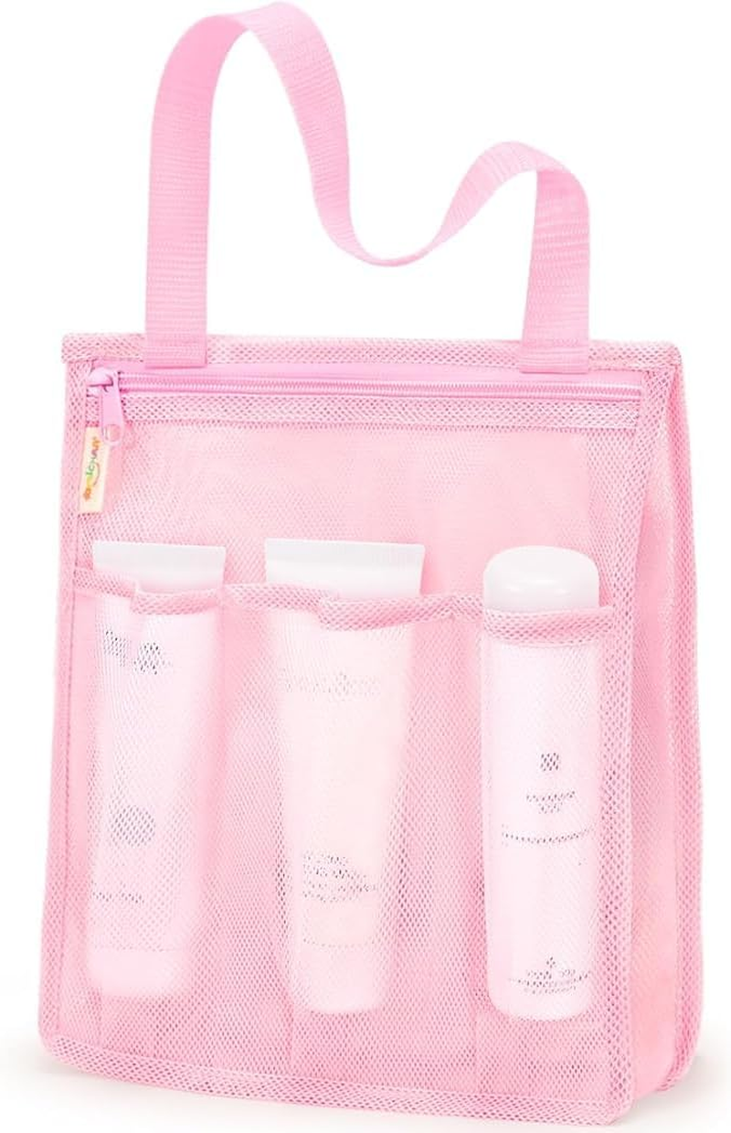 Travel Hanging Toiletry Bath Organizer Caddy with Zipper, 1Pc College Dorm Room Net Essentials Bag with 4 Pockets, Shower Caddy Quick Dry Mesh Tote Bag for Gym, Travel, Pink image number 5