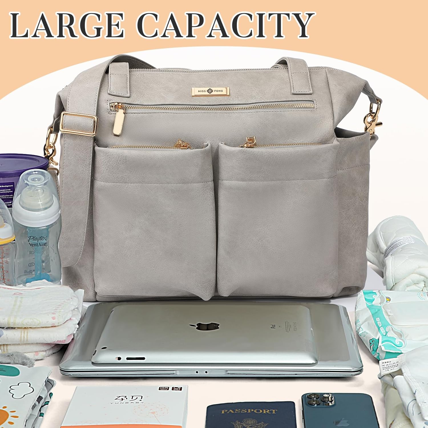 Miss Fong Diaper Bag Tote Baby Bag Leather Diaper Bag Backpack Large Diaper Tote Bag for Girls & Boys Diaper Bag Purse with 11 Diaper Bag Organizer,Changing Pad, Stroller Straps,4 Insulated Pockets - Black image number 2