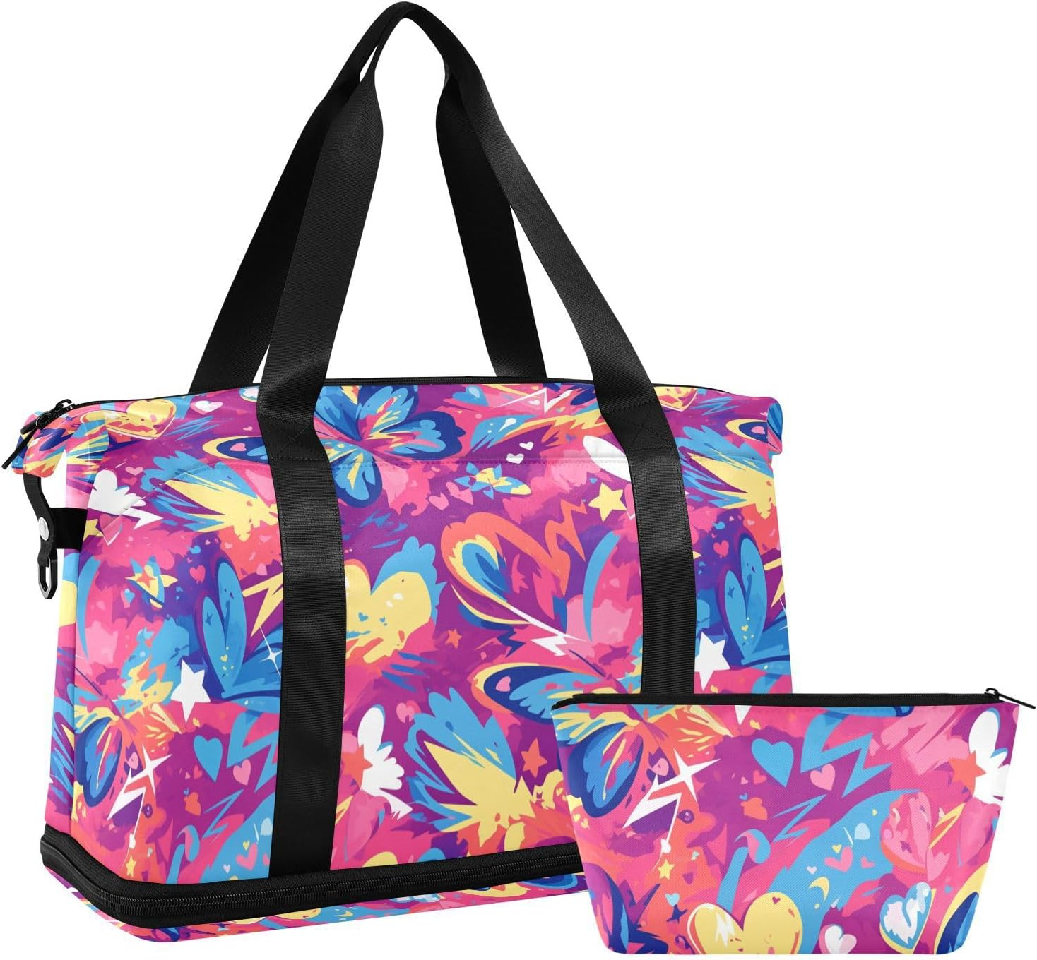 Graffiti Artwork Butterflies Hearts Purple Large Bags Weekender Duffel Bag Tote Bag with Adjustable Strap for Travel 2 Pcs Set, Graffiti Artwork Butterflies Hearts Purple, 1 Size image number 3