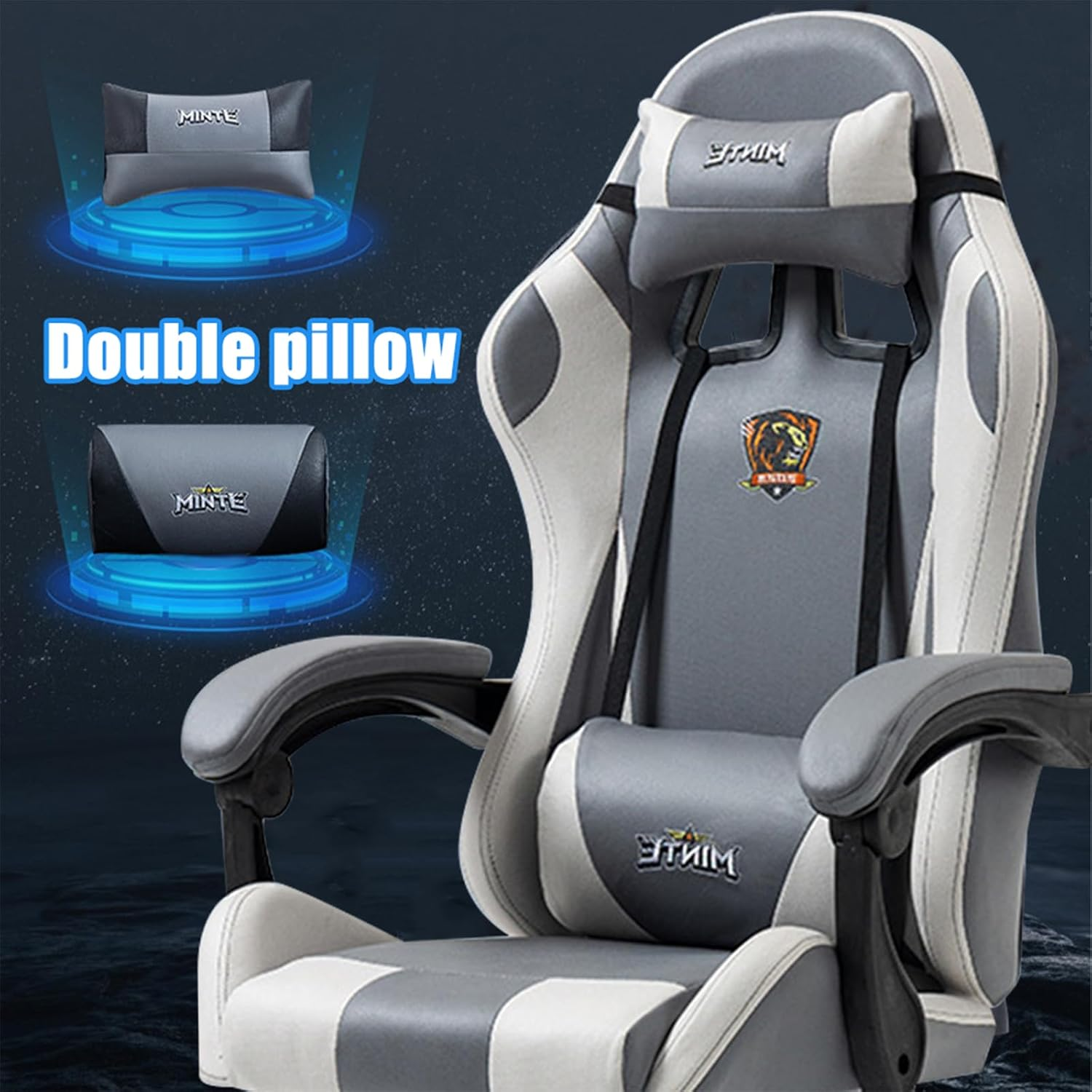 Technology Fabric Gaming Chair, Racing Massage Seat with Footrest, Ergonomic Support, 90-135&deg; Tilt, Breathable Fabric, Adjustable Lumbar, High-Back Recliner for Home Office (Grey) - Bluewite image number 3