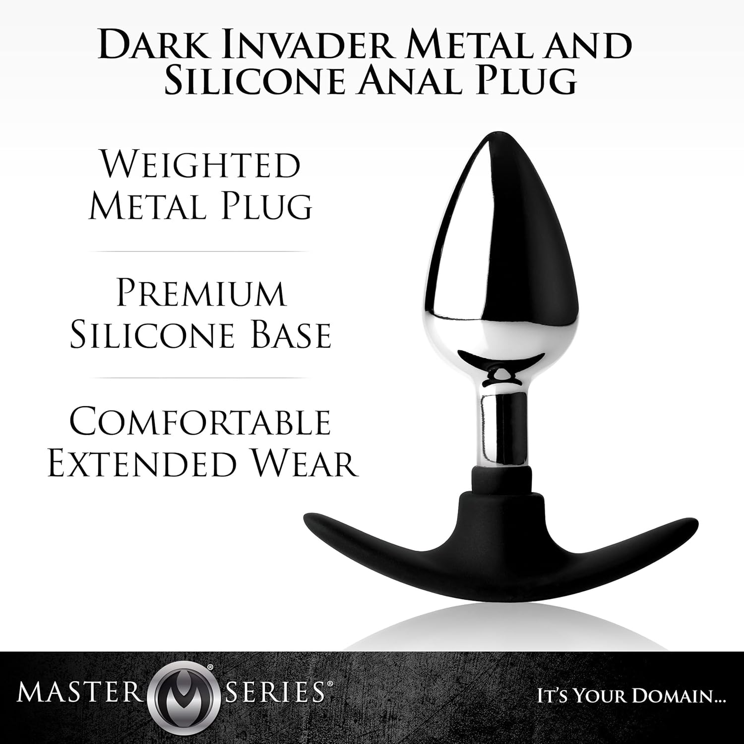 Master Series Dark Invader Metal and Silicone Anal Plug, Medium, Black/Silver image number 1