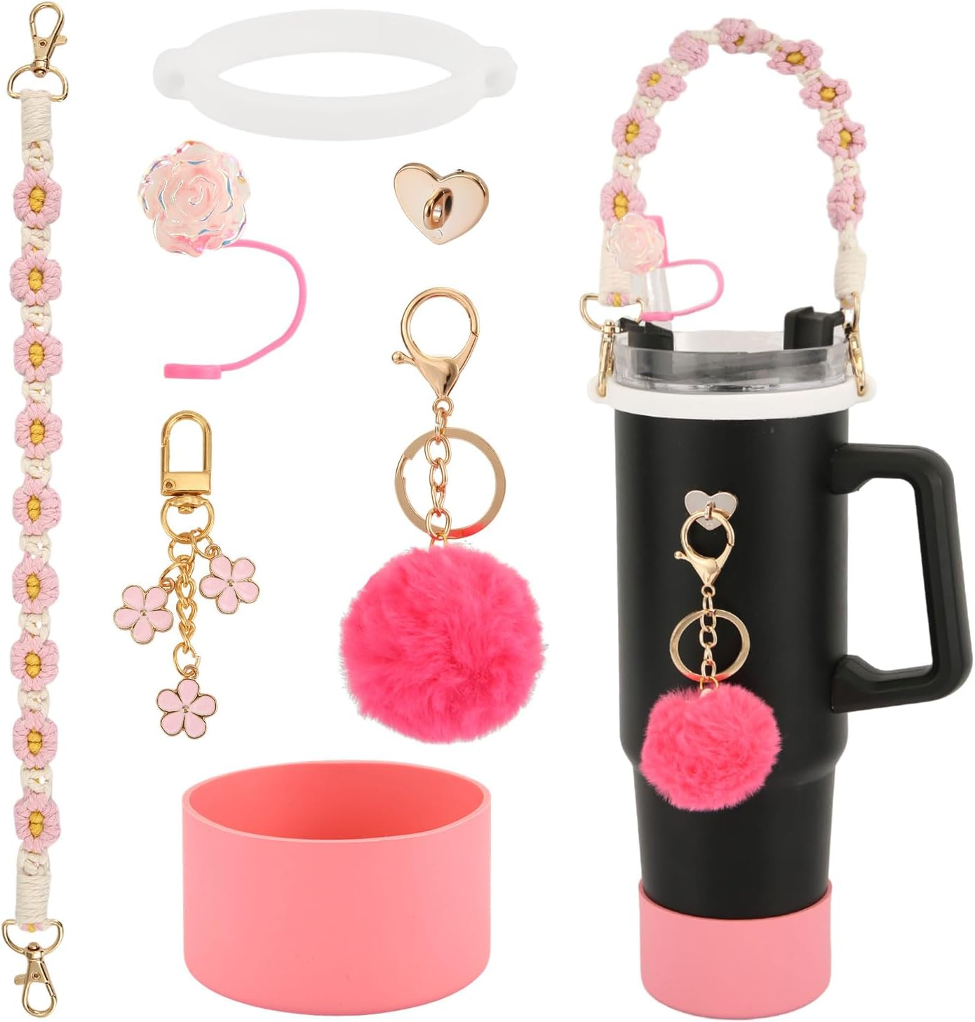 Mug Accessories Set for Stanley, Included Water Bottle Handle Strap Silicone Boot Straw Lid Keychain for Stanley Cup 40Oz 30Oz Tumbler