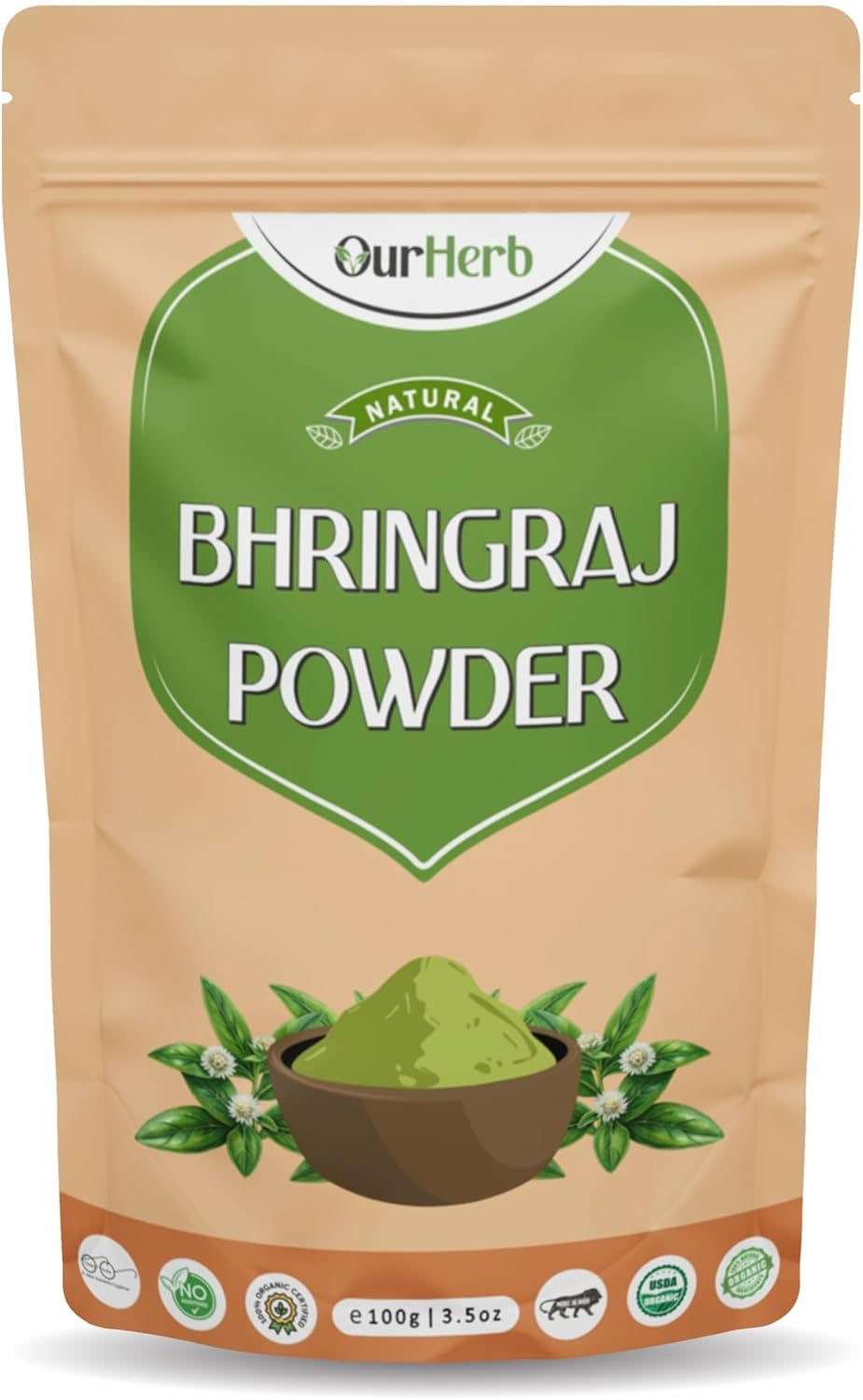 Ourherb Pure & Organic Bhringraj (Eclipta Prostrata) Powder for Natural Hair Care with Wooden Spoon - 100G | 3.5 Oz