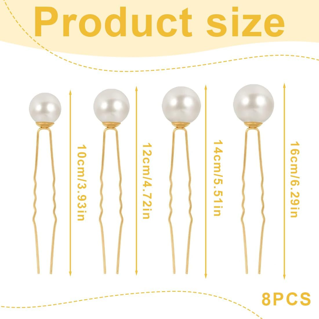 Weddhuis 8 Pieces Hair Pins with Beads, U Shaped Hair Accessories, Pearl Hair Pins for Bride, Wedding, Prom, Party, Girls, Bridesmaid (4 Sizes) (Gold) image number 3