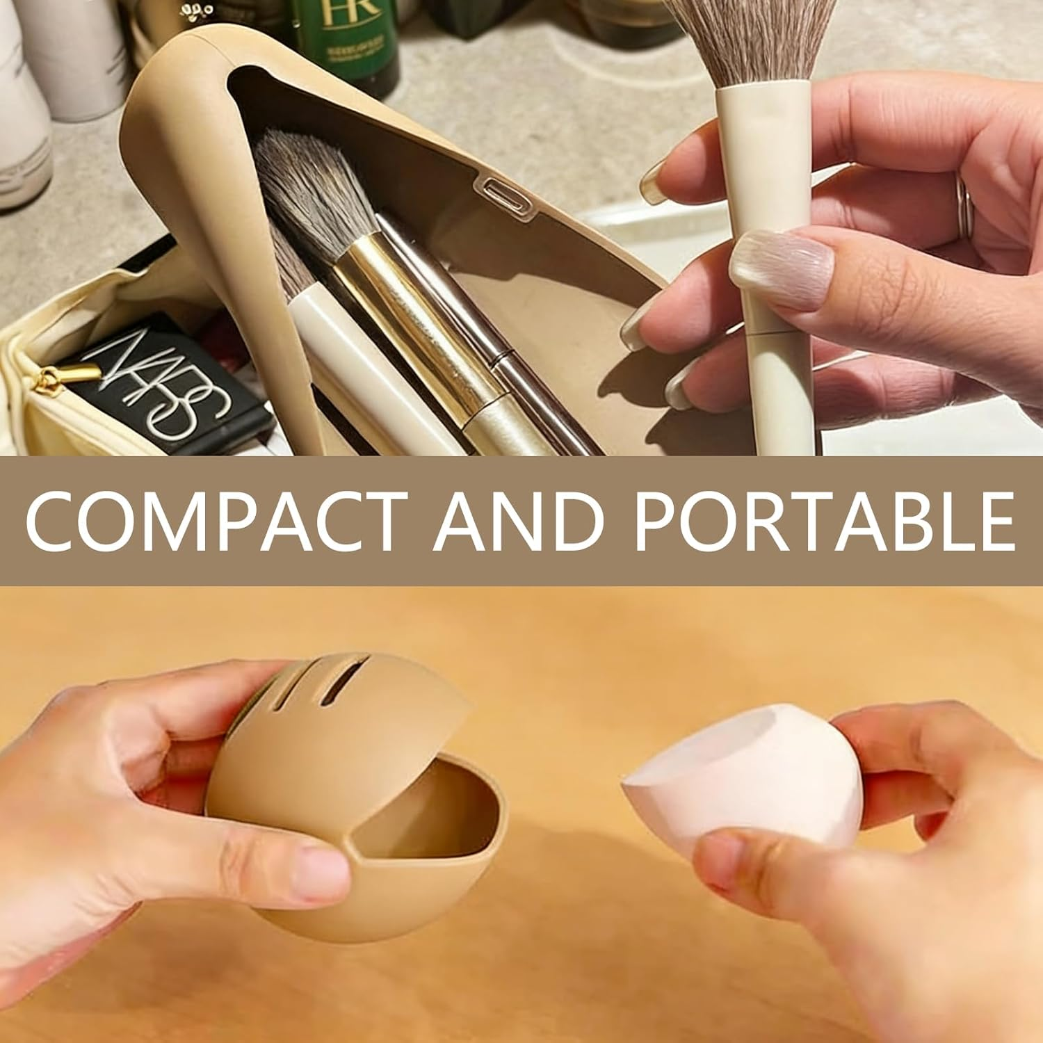 Travel Makeup Brush Holder with Makeup Sponge Holder, Magnetic Anti-Fall Out Silicone Portable Cosmetic Face Brushes Case, Soft Sleek Design for Face Brushes and Tools image number 5