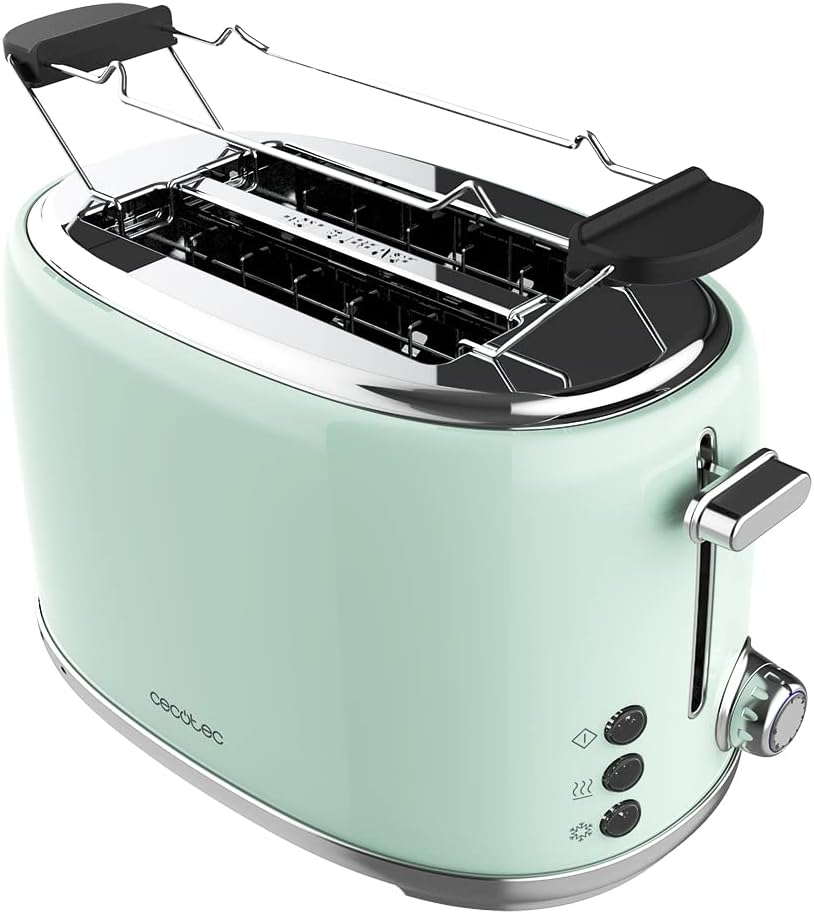 Cecotec Toaster 4 Slices Toast & Button 1600 Retro Double Inox, 1630 W, 2 Wide and Long Slots of 3.8 Cm, Stainless Steel, Top Racks, Adjustable Power, Crumb Drawer