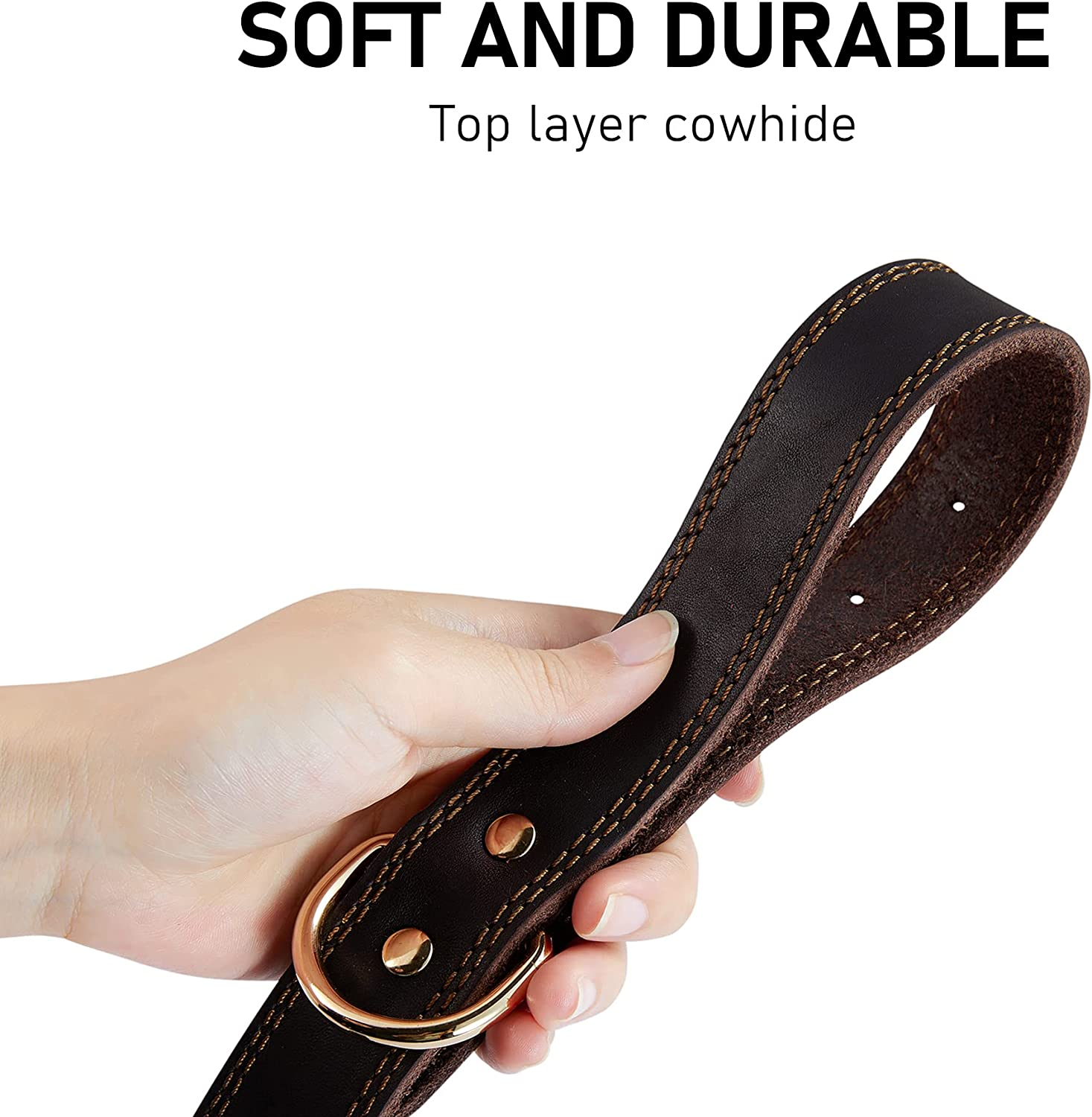 Genuine Leather Heavy Duty Wide Dog Collar, Dual Stitch - Brown (L: 1.2" Wide for 17"-23" Neck, Suitable for Small to Extra Large Dogs) image number 5