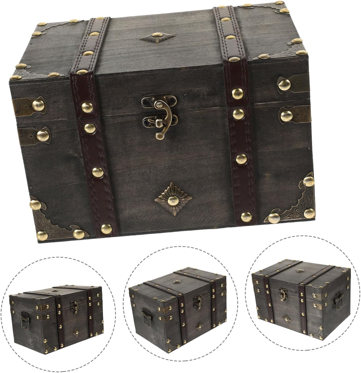 Cabilock Wooden Pirate Treasure Chest Large Gray Multi-Functional Storage Box Lock Jewelry Document Organizer Decorative Wood Treasure Box for Home and Office image number 4