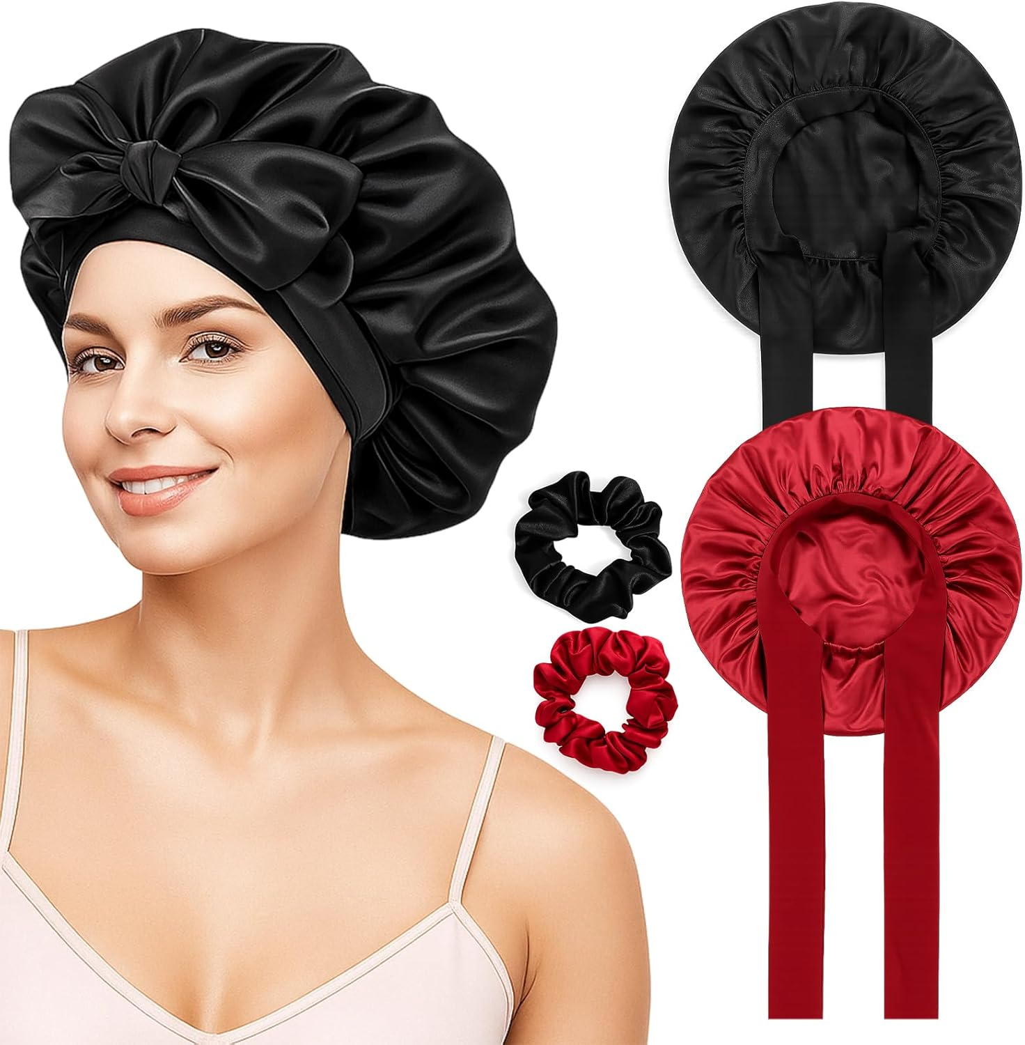 Jazrvr Silk Sleep Cap, Set of 2, Black and Red, Silk Bonnet for Hair Care, 32 X 22 Cm, Soft and Comfortable for a Good Night'S Sleep