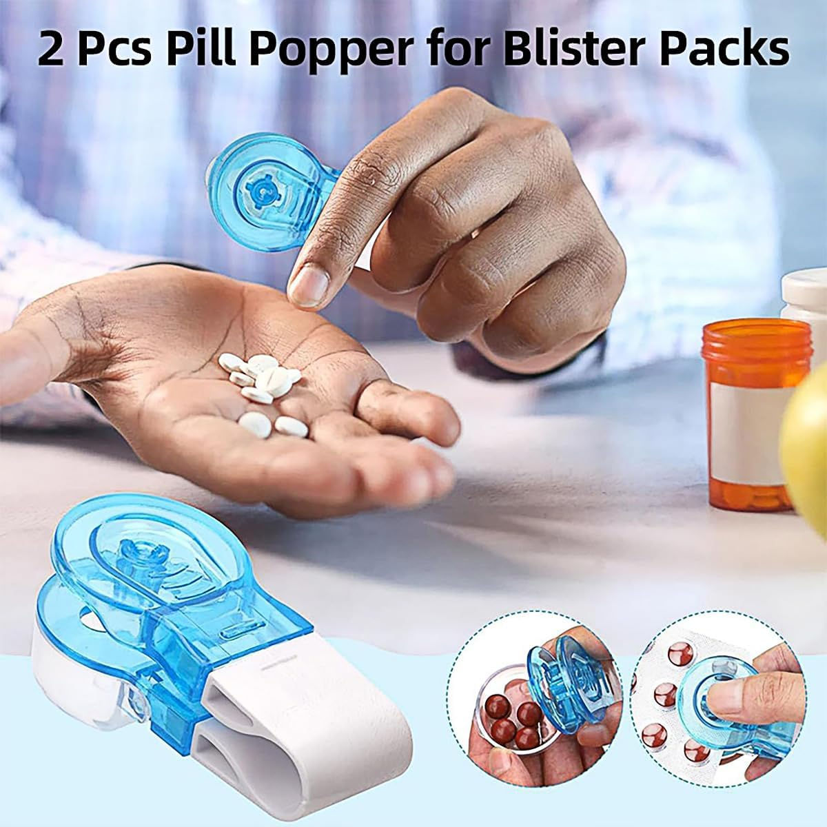 AIMALL 2Pcs Portable Pill Blister Pack Opener Tablet Popper Tool for Seniors Ergonomic Non-Slip Pill Taker for 20Mm Tablets Blue & White 3.1In X 1.5In image number 2