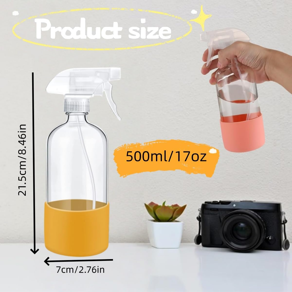 3 Pcs Glass Spray Bottles, Protected by Silicone Sleeves - Refillable to 17 Ounces, Square Adjustable Nozzles for Cleaning Solutions, Essential Oils, Hair Styling (Blue, Pink, Yellow) image number 2