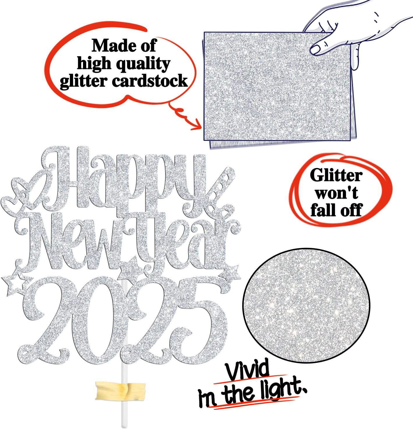 Happy New Year 2025 Cake Topper, Happy Holiday/Merry Christmas Cake Decor, New Year'S Eve Festival Party Decoration Suppllies, Silver Glitter image number 5