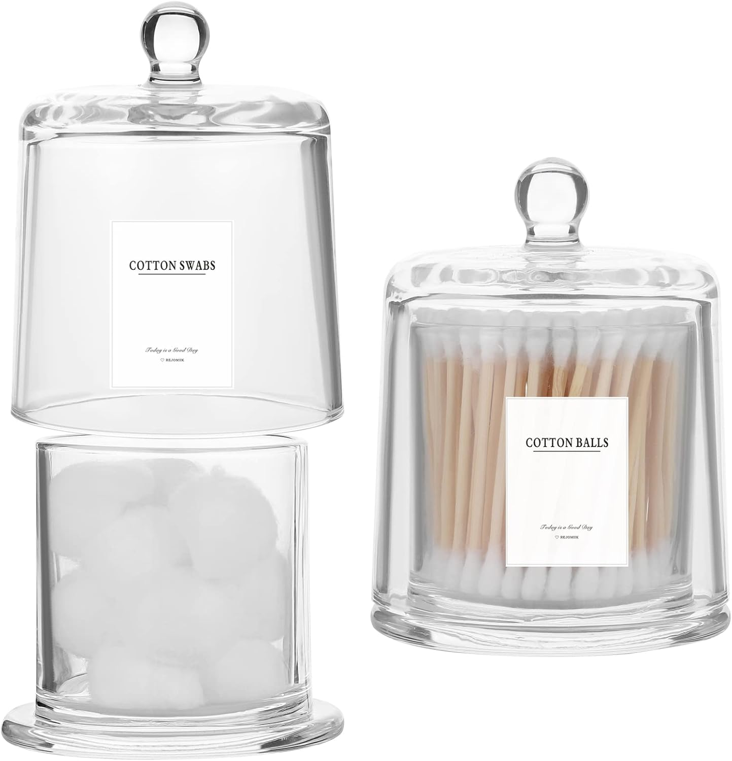 Rejomiik 2 Pack Qtip Holder Thick Glass Apothecary Jars with Lid for Bathroom Accessories Vanity Organizers and Makeup Storage for Cotton Ball, Swabs, Makeup Sponges, Candy, Jewelry, Clear