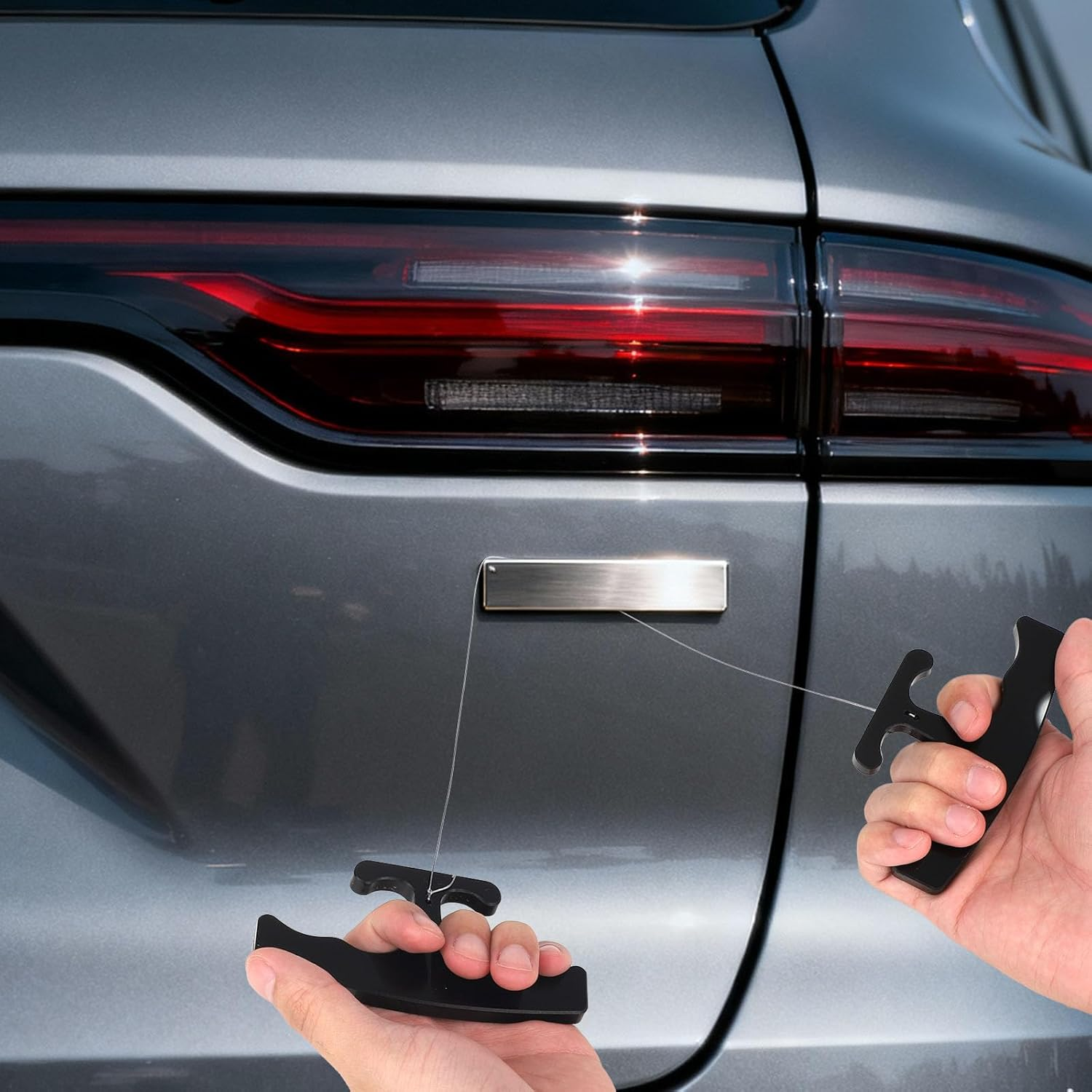 Car Emblem Removal Tool Wrap Tools, Plate Line Badge Remover with Spare Nylon Line Ergonomic Handle Debadge Tool for Vehicle Logos Nameplates Paste Signs (Black)