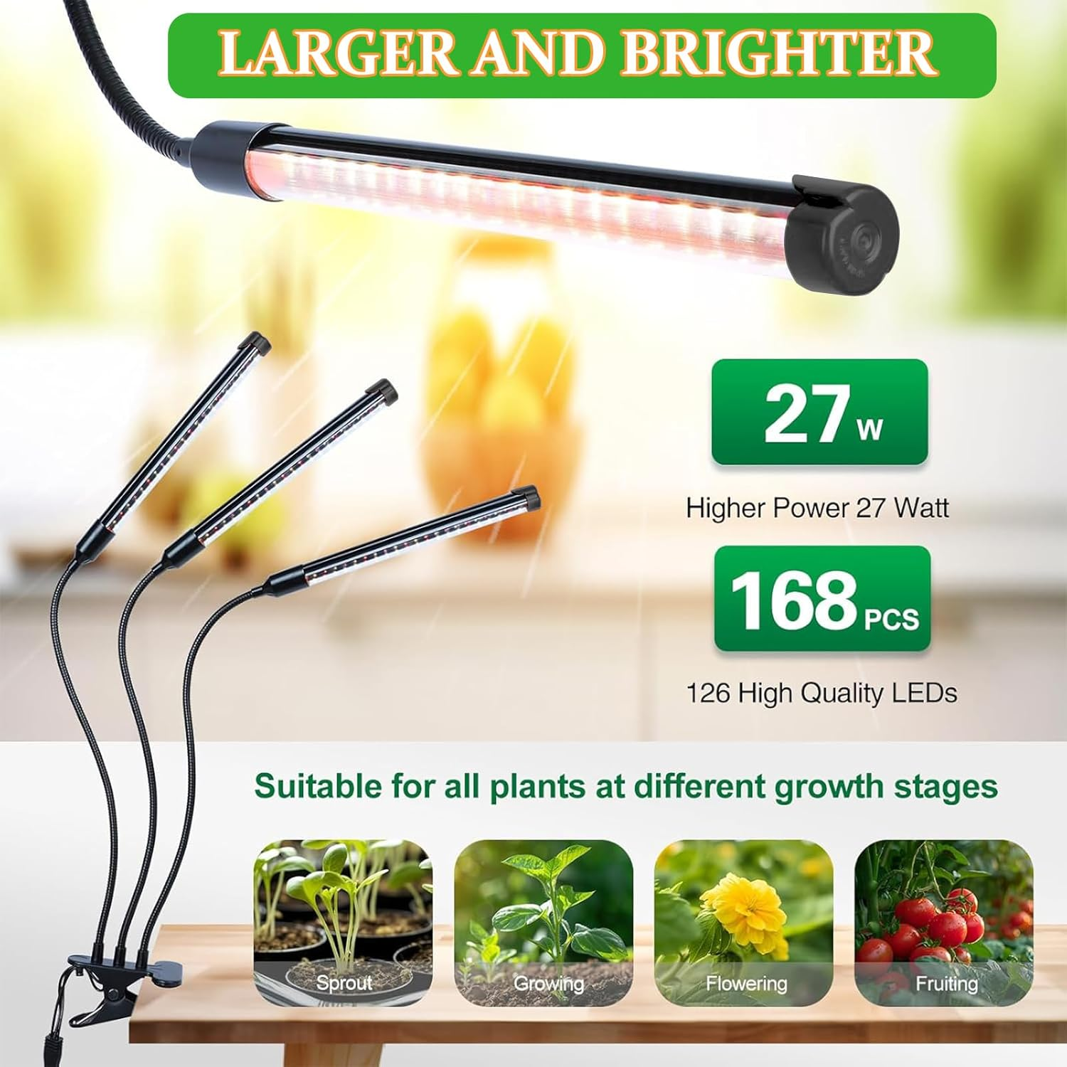Grow Light for Indoor Plants, Clip-On Full Spectrum LED Grow Lights, Adjustable Gooseneck with 3/9/12H Timer & 10 Dimmable Modes, 3 Tubes