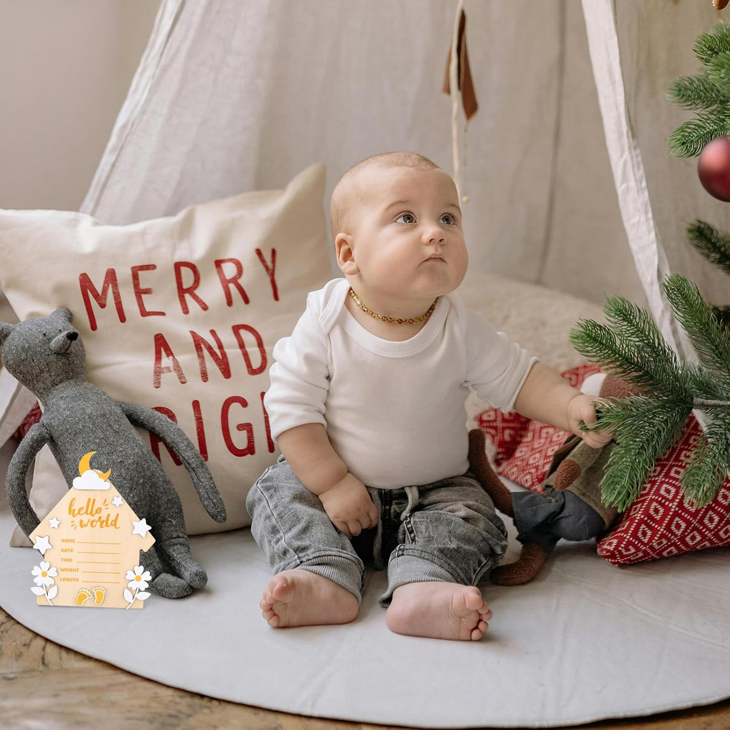 Newborn Birth Announcement Board, Large 7 Inch Hello World Newborn Sign for New Born Baby Welcome Wooden Baby Announcement Plaque Hospital Home Record Board for Baby Gift image number 1