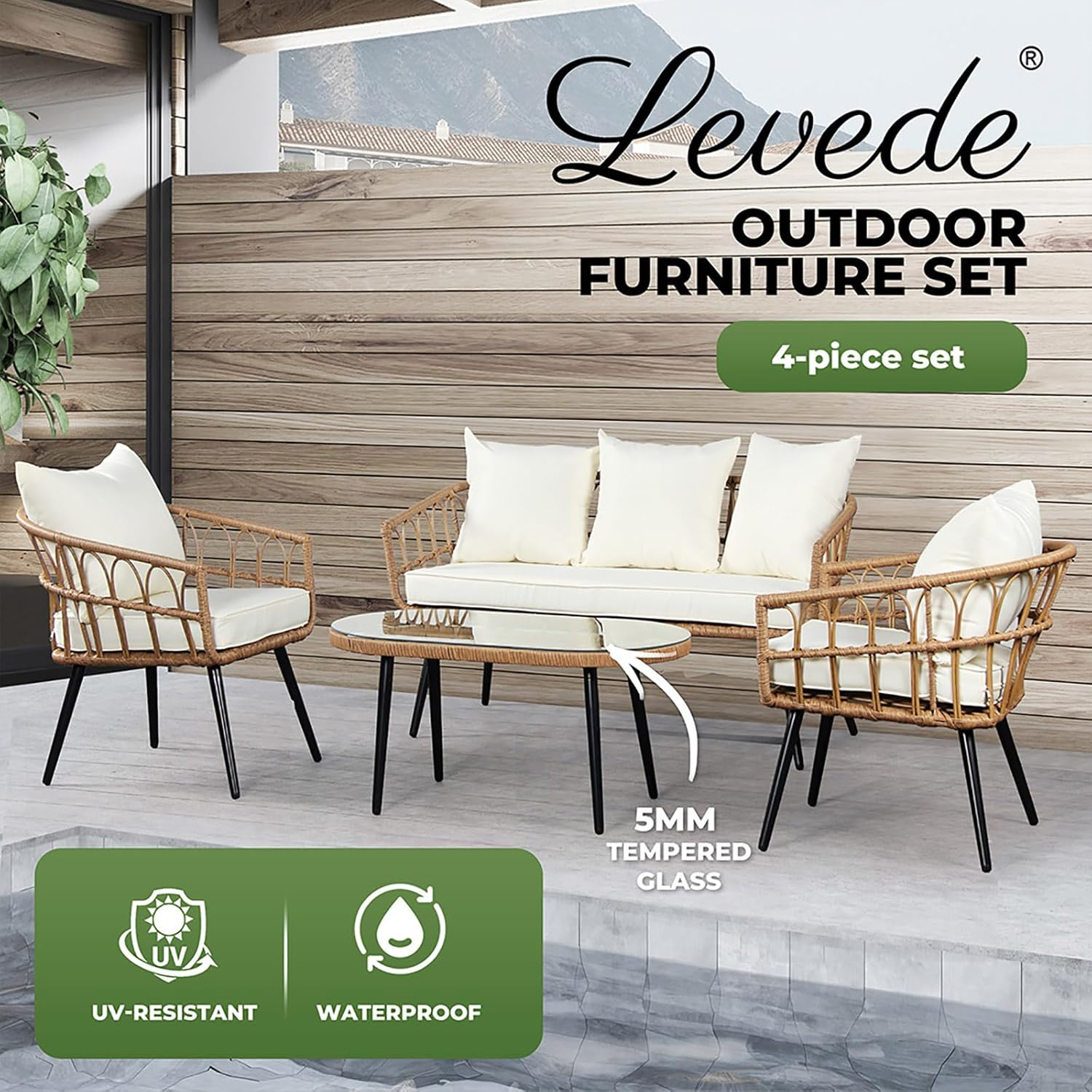 Levede 4PCS Outdoor Furniture Setting Patio Garden Table Chair Set Wicker Lounge, Balcony PE Rattan Conversation Sets with Back Seat Cushion Tempered Glass for Backyard, Poolside image number 1