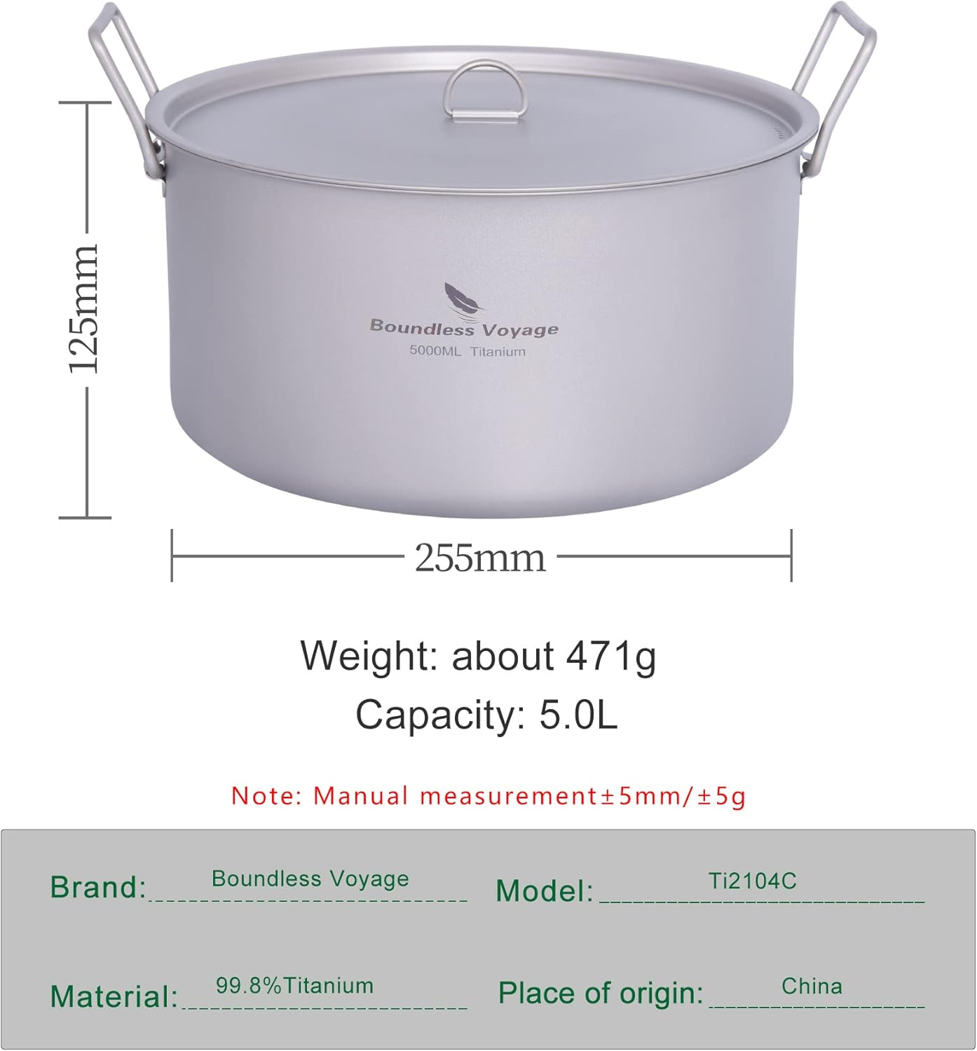 Boundless Voyage Ti2104C 5L Outdoor Camping Titanium Pot with Lid Folding Handle Hiking Picnic Portable Large Capacity Stockpot Cooking Pot image number 4